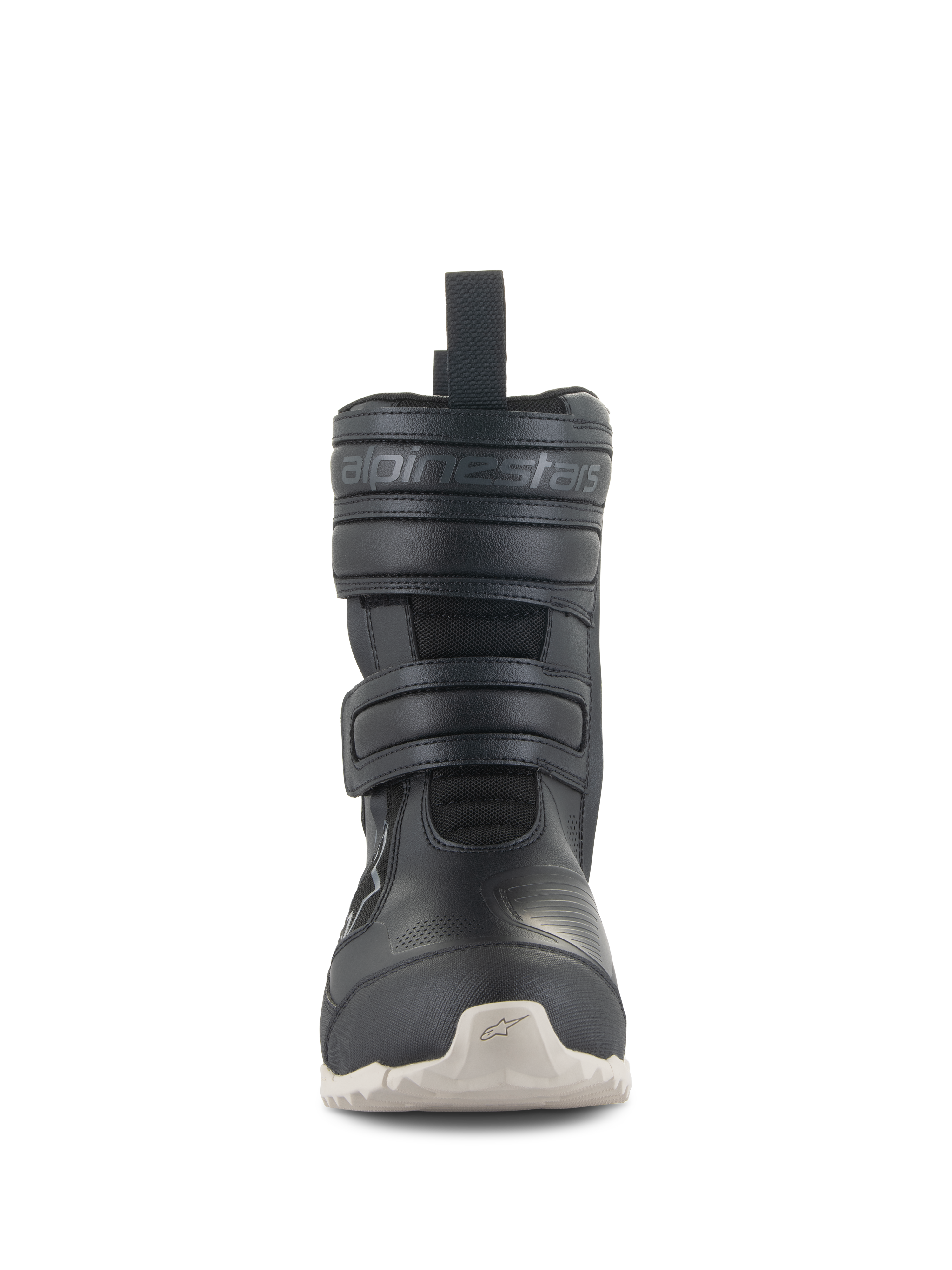 Botas Alpinestars Stella RT-7 Touring Drystar®, botas de motociclismo de turismo para mulher, pretas, vista frontal com fechos de tira dupla de Velcro, marca Alpinestars em relevo, parte superior em microfibra técnica e sola exterior de cor clara com relevos