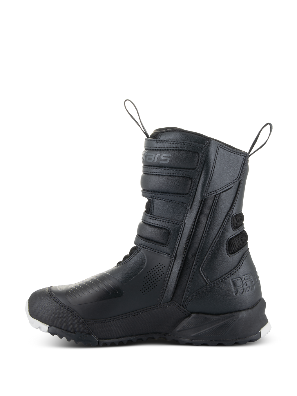 Alpinestars Stella RT-7 Touring Drystar® Boots para Mulher, botas de motociclismo de turismo, pretas, vista de perfil lateral mostrando entrada com fecho de correr duplo, ajustadores de tiras de Velcro, zonas de proteção reforçadas e sola robusta para condução de aventura