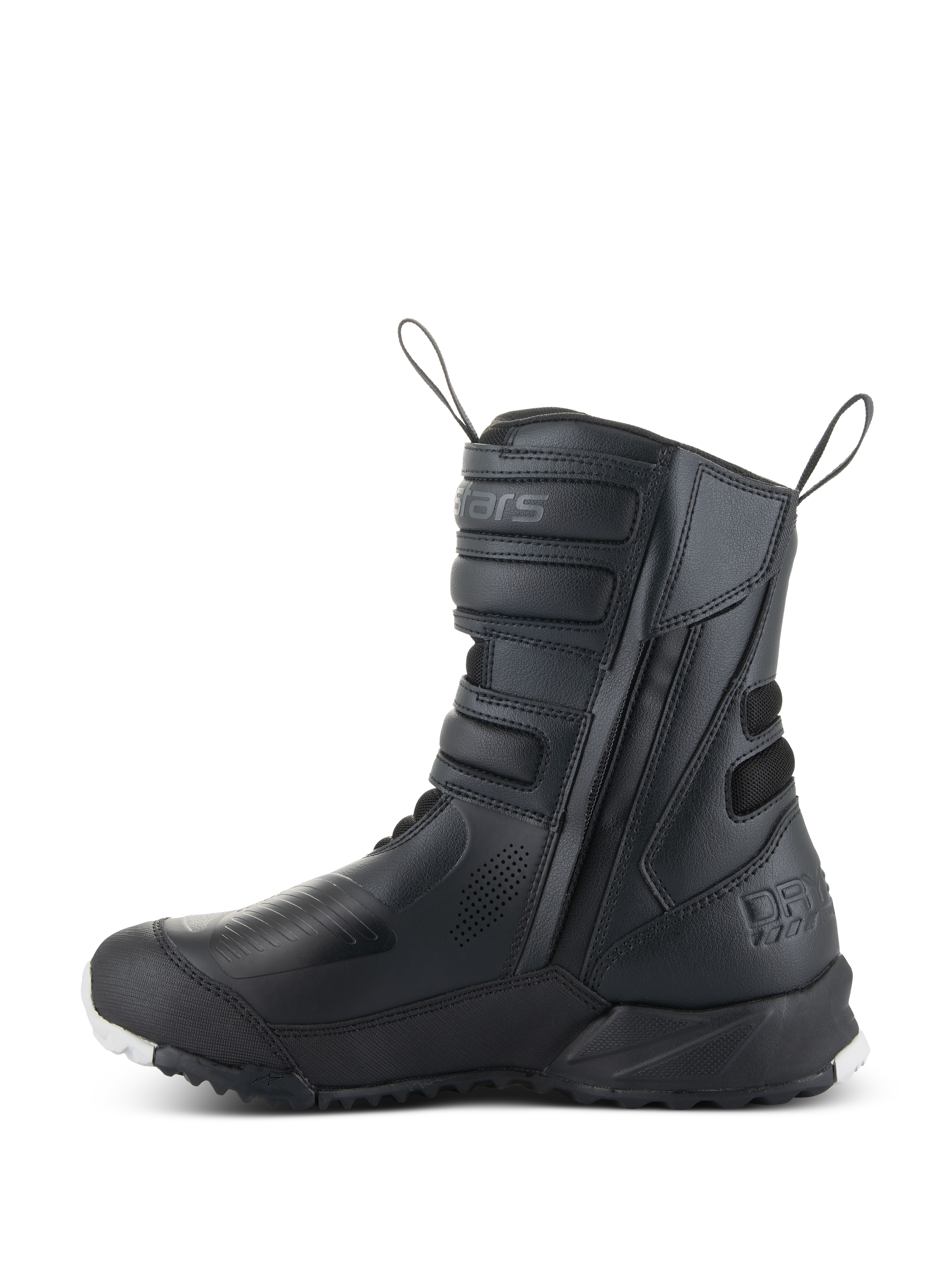 Alpinestars Stella RT-7 Touring Drystar® Boots para Mulher, botas de motociclismo de turismo, pretas, vista de perfil lateral mostrando entrada com fecho de correr duplo, ajustadores de tiras de Velcro, zonas de proteção reforçadas e sola robusta para condução de aventura