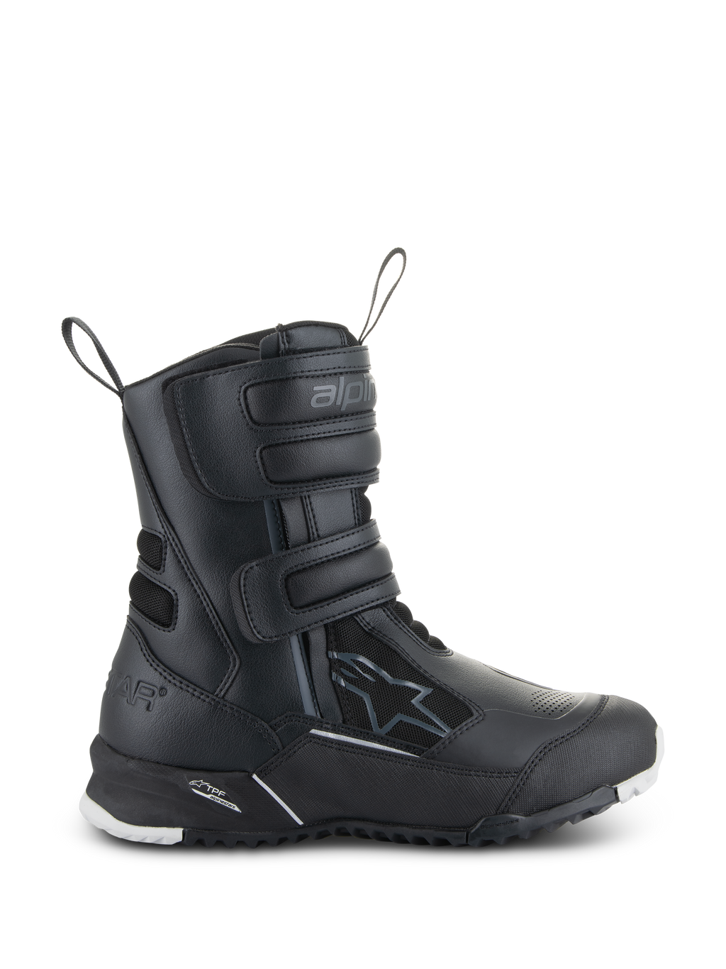 Botas Alpinestars Stella RT-7 Touring Drystar Femininas, botas de motociclismo para turismo pretas, vista lateral mostrando três tiras de velcro, parte superior impermeável em microfibra e têxtil, calcanhar reforçado com logótipo de estrela e sola tratorada durável com detalhes brancos
