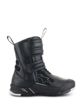 Botas Alpinestars Stella RT-7 Touring Drystar Femininas, botas de motociclismo para turismo pretas, vista lateral mostrando três tiras de velcro, parte superior impermeável em microfibra e têxtil, calcanhar reforçado com logótipo de estrela e sola tratorada durável com detalhes brancos