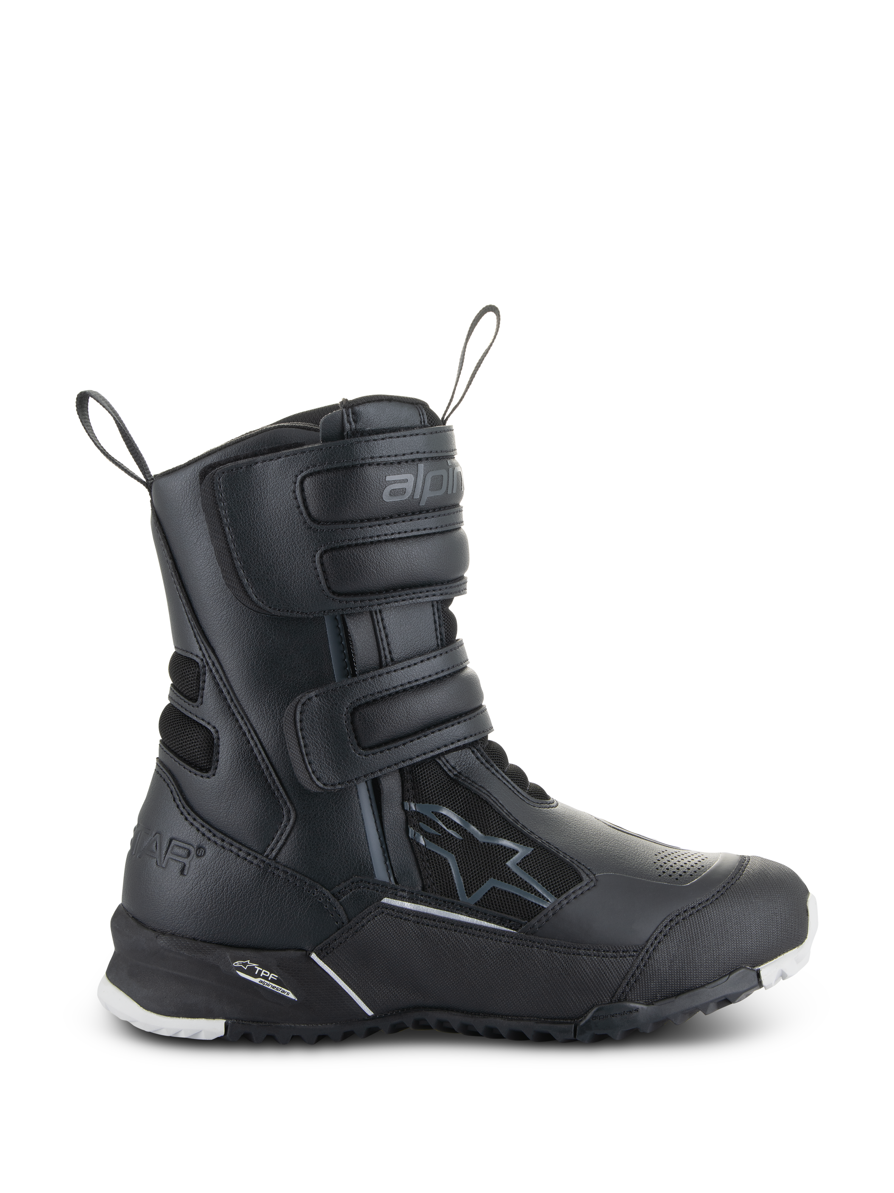 Botas Alpinestars Stella RT-7 Touring Drystar Femininas, botas de motociclismo para turismo pretas, vista lateral mostrando três tiras de velcro, parte superior impermeável em microfibra e têxtil, calcanhar reforçado com logótipo de estrela e sola tratorada durável com detalhes brancos