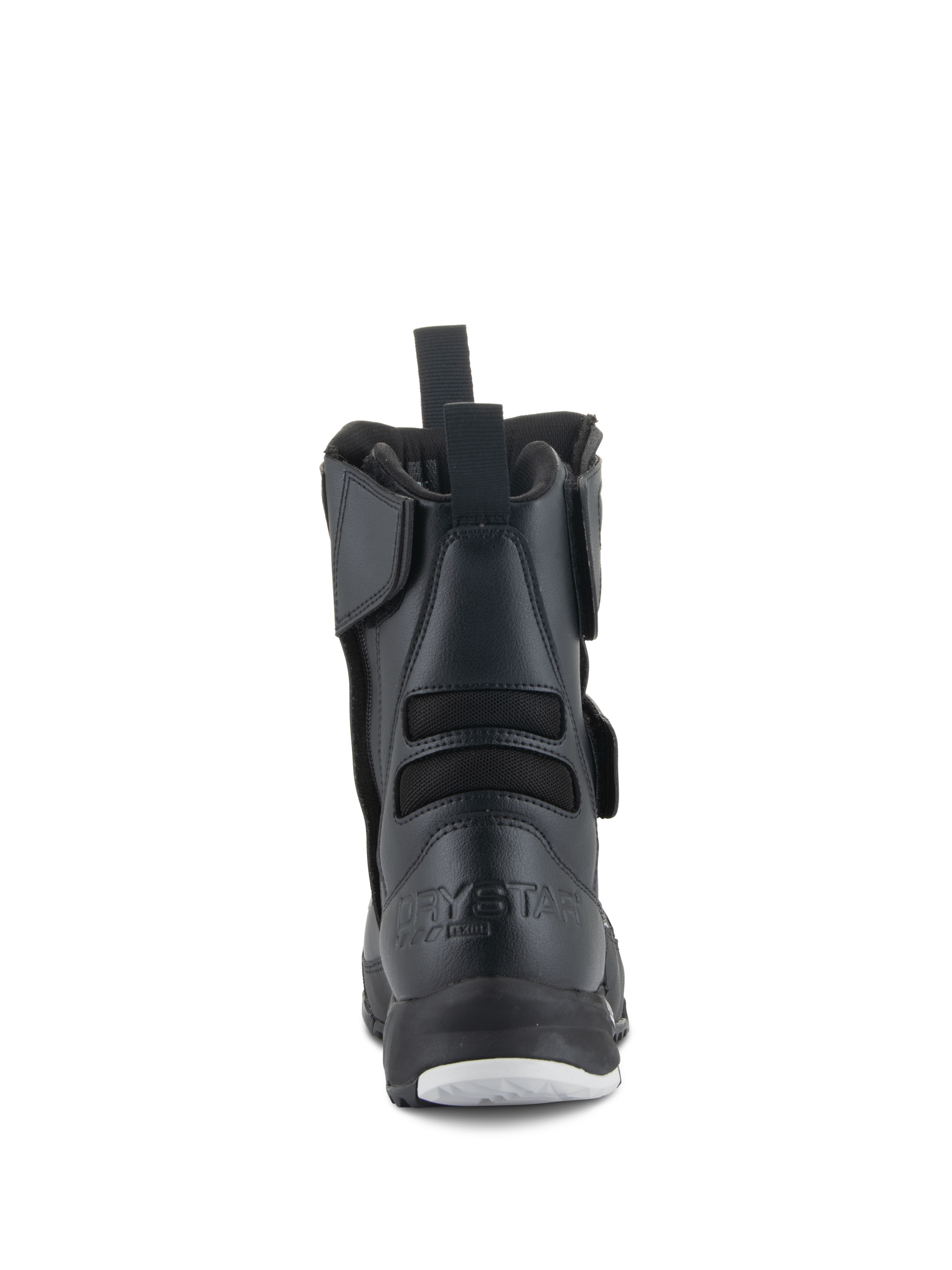 Botas Alpinestars Stella RT-7 Touring Drystar® Femininas, botas de motociclismo para mulher, pretas, vista traseira com a marca Drystar em relevo no calcanhar, puxador traseiro e foles têxteis flexíveis para maior liberdade de movimentos.