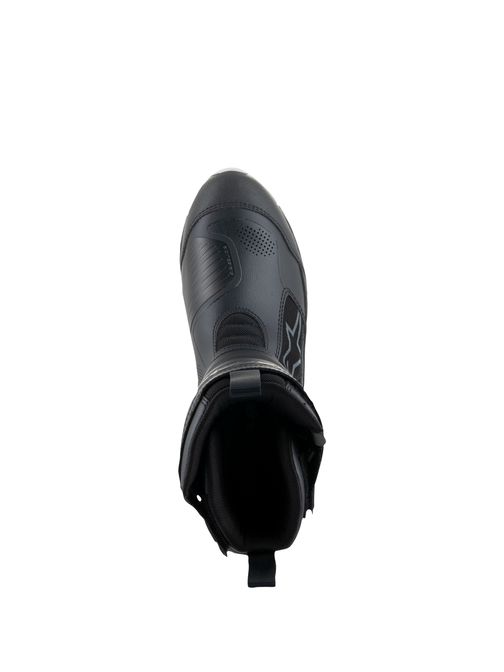Botas Alpinestars Stella RT-7 Touring Drystar® Femininas, pretas, vista superior mostrando a abertura da bota e o forro interior, construção avançada em microfibra e tecido para touring de aventura