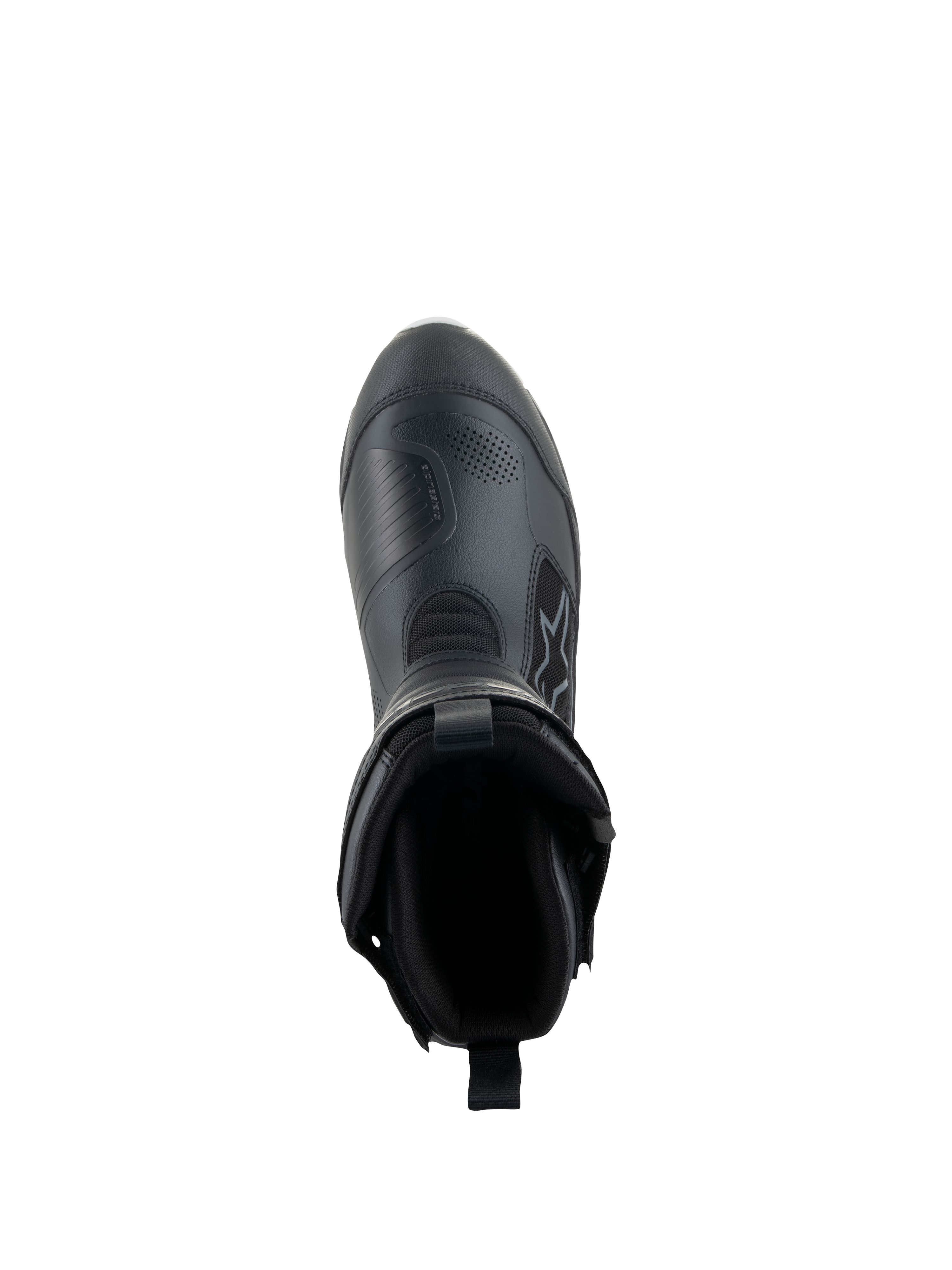 Botas Alpinestars Stella RT-7 Touring Drystar® Femininas, pretas, vista superior mostrando a abertura da bota e o forro interior, construção avançada em microfibra e tecido para touring de aventura