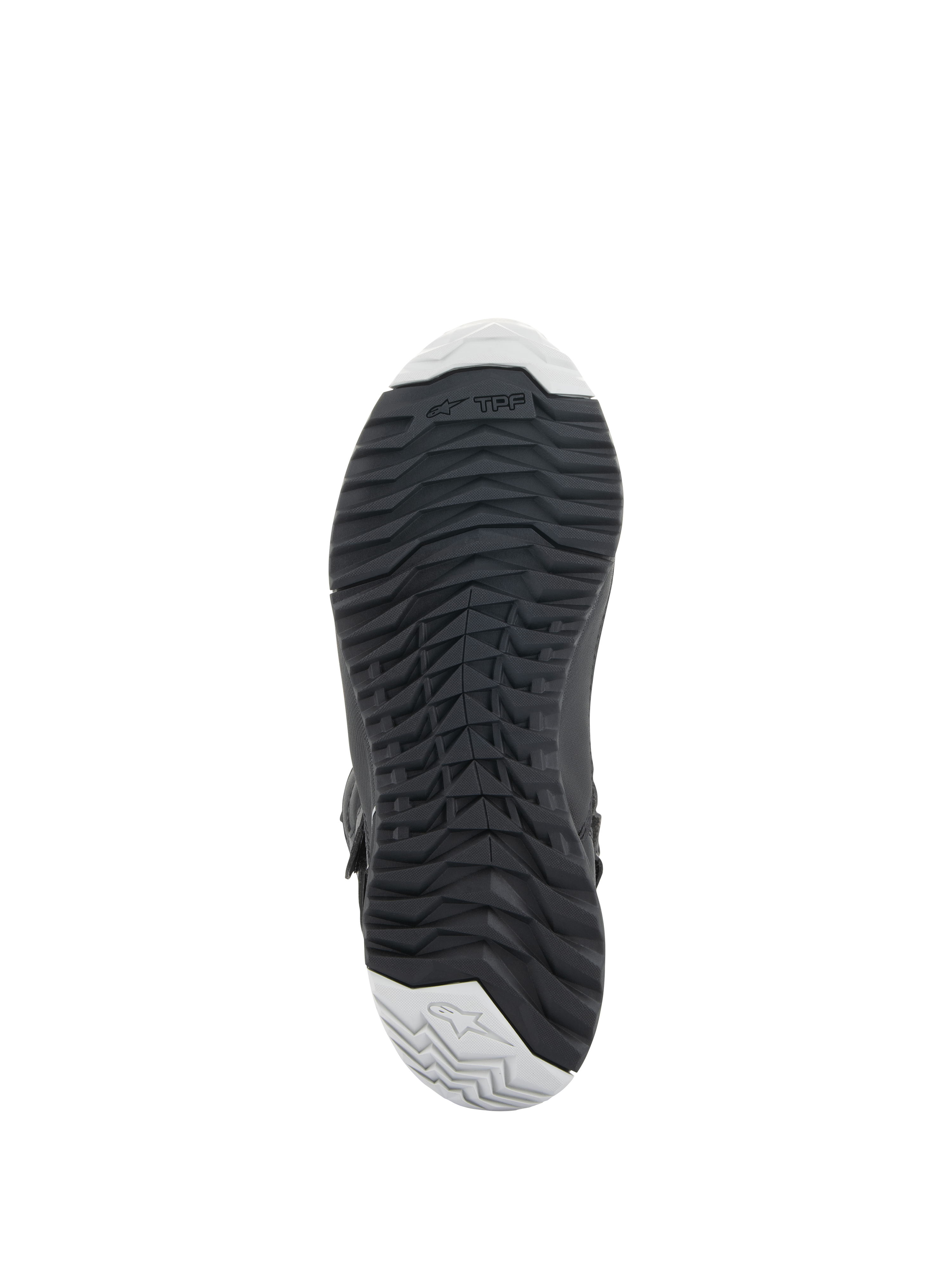 Botas Alpinestars Stella RT-7 Touring Drystar® Femininas, pretas, vista inferior mostrando a sola exterior de borracha durável com um padrão de garras robusto para maior aderência, logótipo TPF (Transversal Protection Frame) e detalhes em cinzento claro na biqueira e no calcanhar.