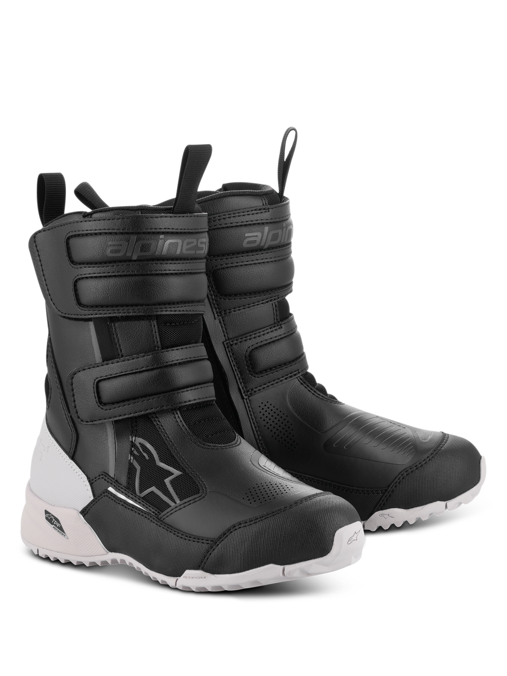 Botas Alpinestars Stella RT-7 Touring Drystar para Mulher, botas de motociclismo, pretas e brancas, com duas tiras de velcro e entrada de fecho duplo, construção durável em microfibra e têxtil, sola branca robusta com relevo e proteção TPF, design pronto para aventura