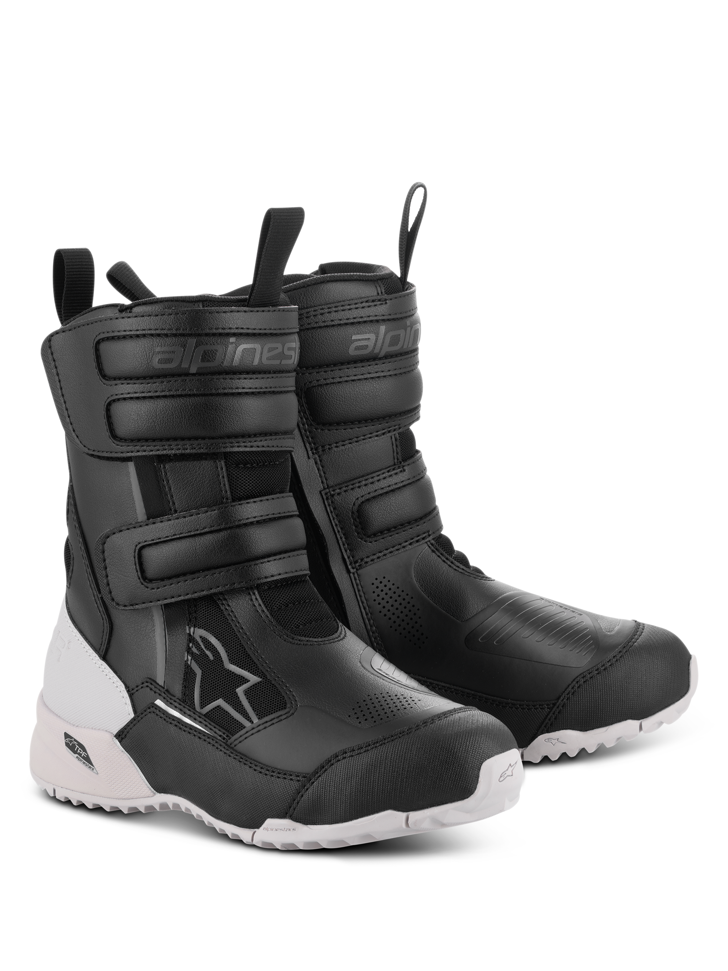 Botas Alpinestars Stella RT-7 Touring Drystar para Mulher, botas de motociclismo, pretas e brancas, com duas tiras de velcro e entrada de fecho duplo, construção durável em microfibra e têxtil, sola branca robusta com relevo e proteção TPF, design pronto para aventura