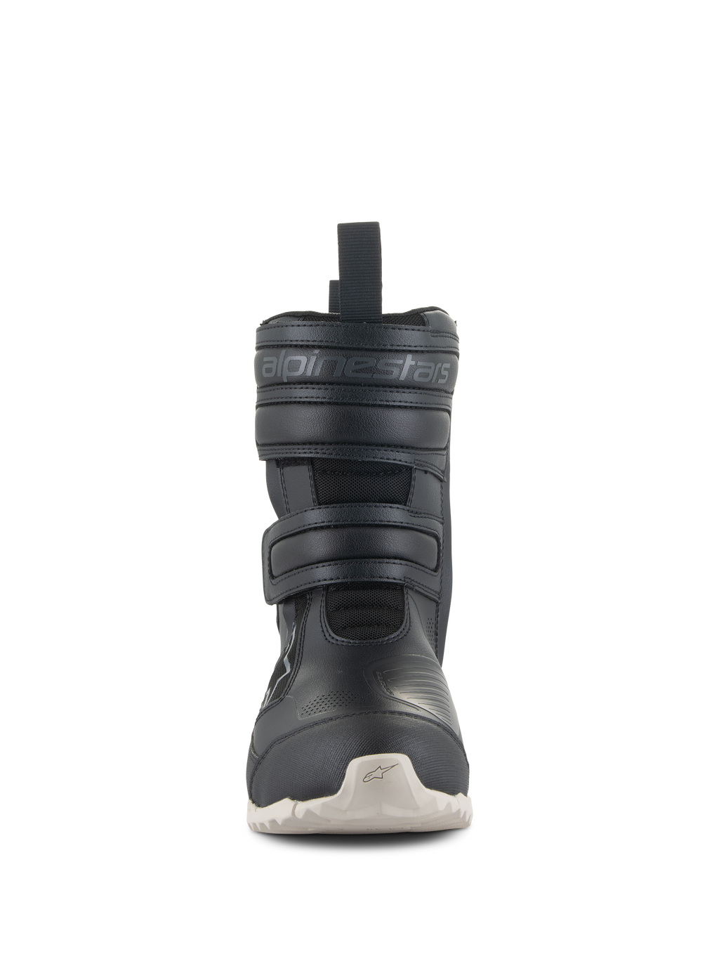 Botas Stella RT-7 Touring Drystar® Femininas da Alpinestars, botas de motociclismo de turismo pretas com sola branca, vista frontal mostrando os fechos de tiras duplas de Velcro e o logótipo Alpinestars em relevo, design técnico para condução em estrada e aventura