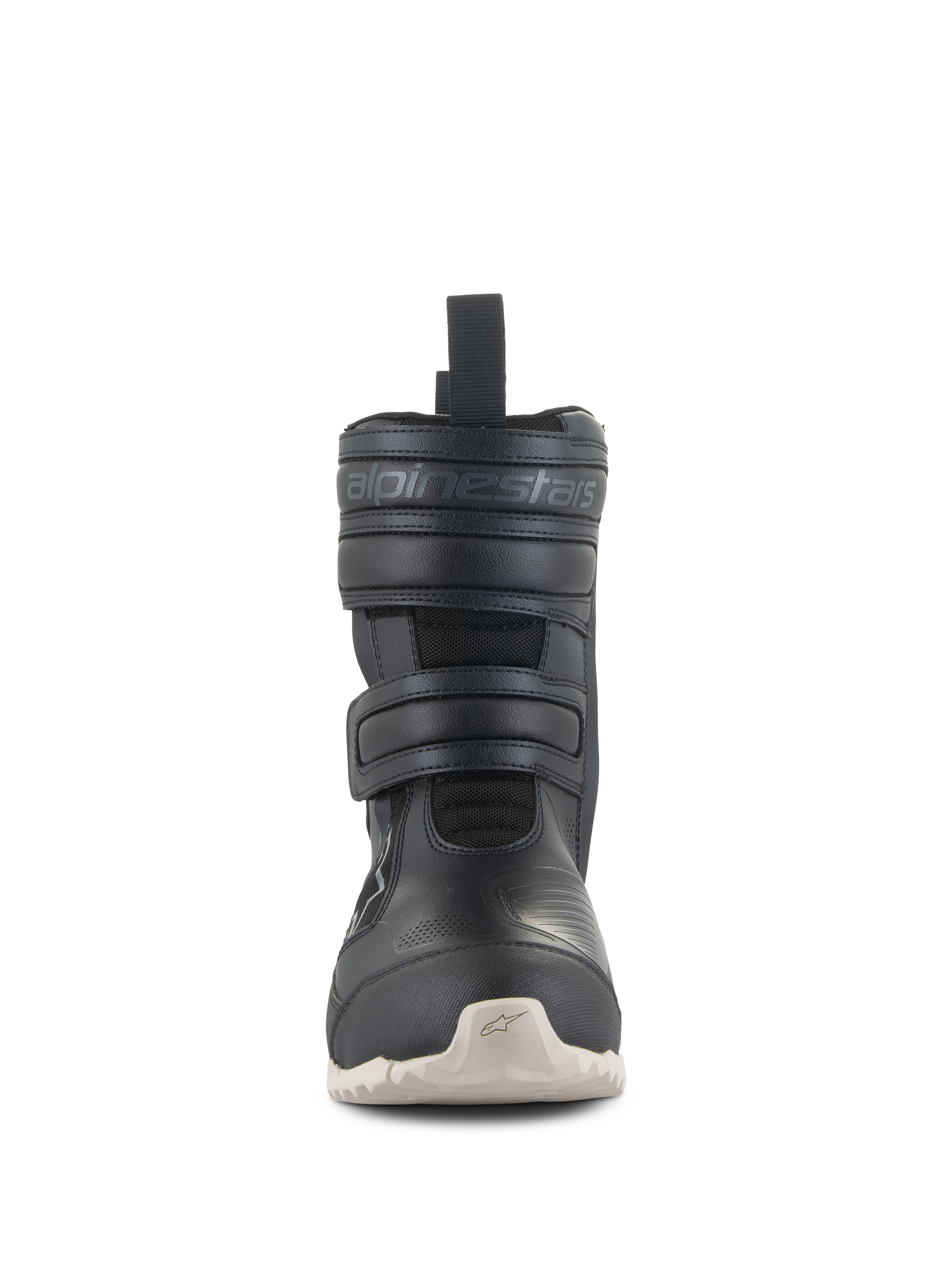 Botas Stella RT-7 Touring Drystar® Femininas da Alpinestars, botas de motociclismo de turismo pretas com sola branca, vista frontal mostrando os fechos de tiras duplas de Velcro e o logótipo Alpinestars em relevo, design técnico para condução em estrada e aventura