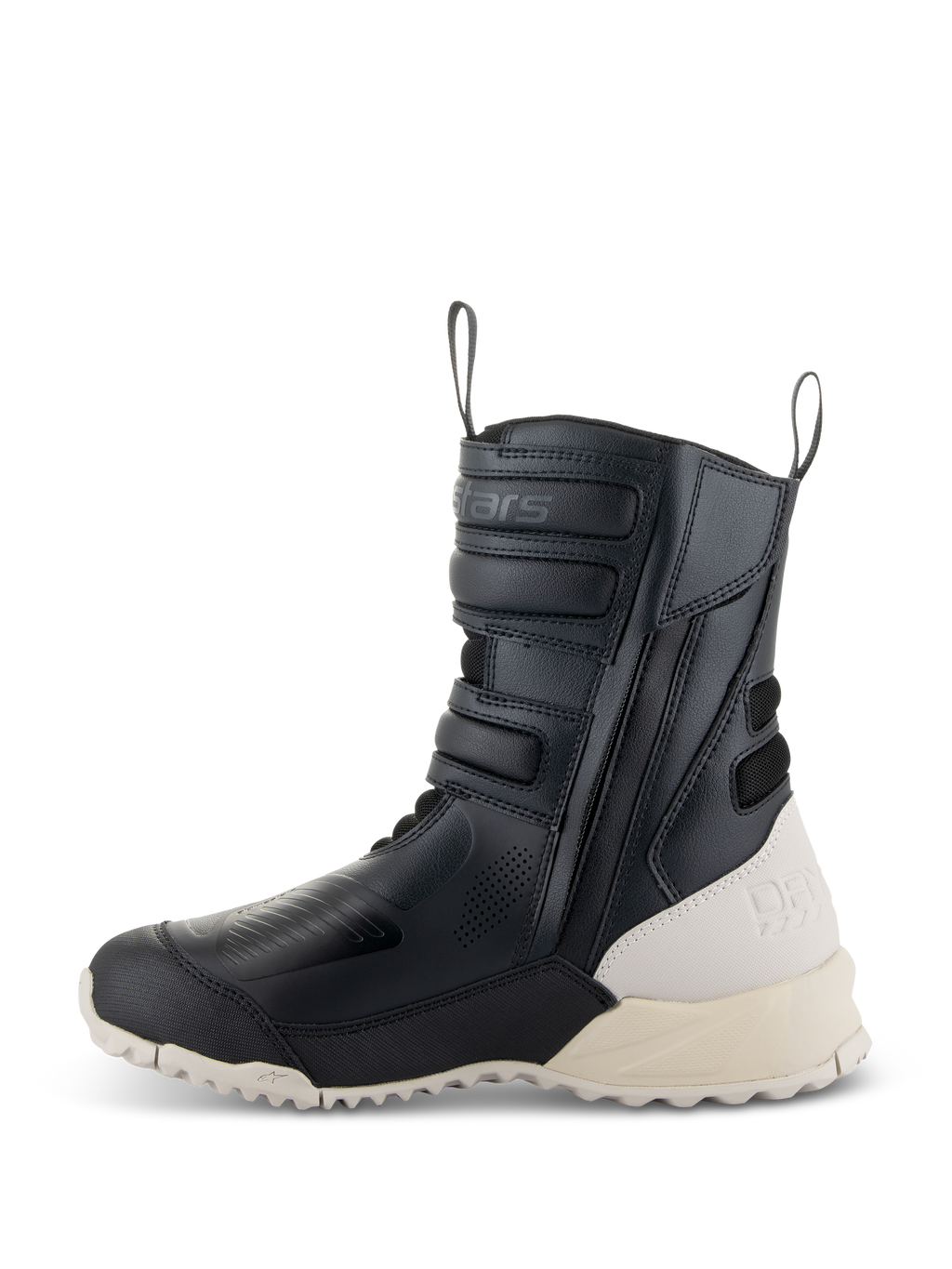Botas Alpinestars Stella RT-7 Touring Drystar® Femininas, Pretas e Brancas, perfil lateral de uma bota de motociclismo de turismo de cano alto com construção em microfibra, fecho lateral com tiras ajustáveis, calcanhar e sola em off-white contrastantes