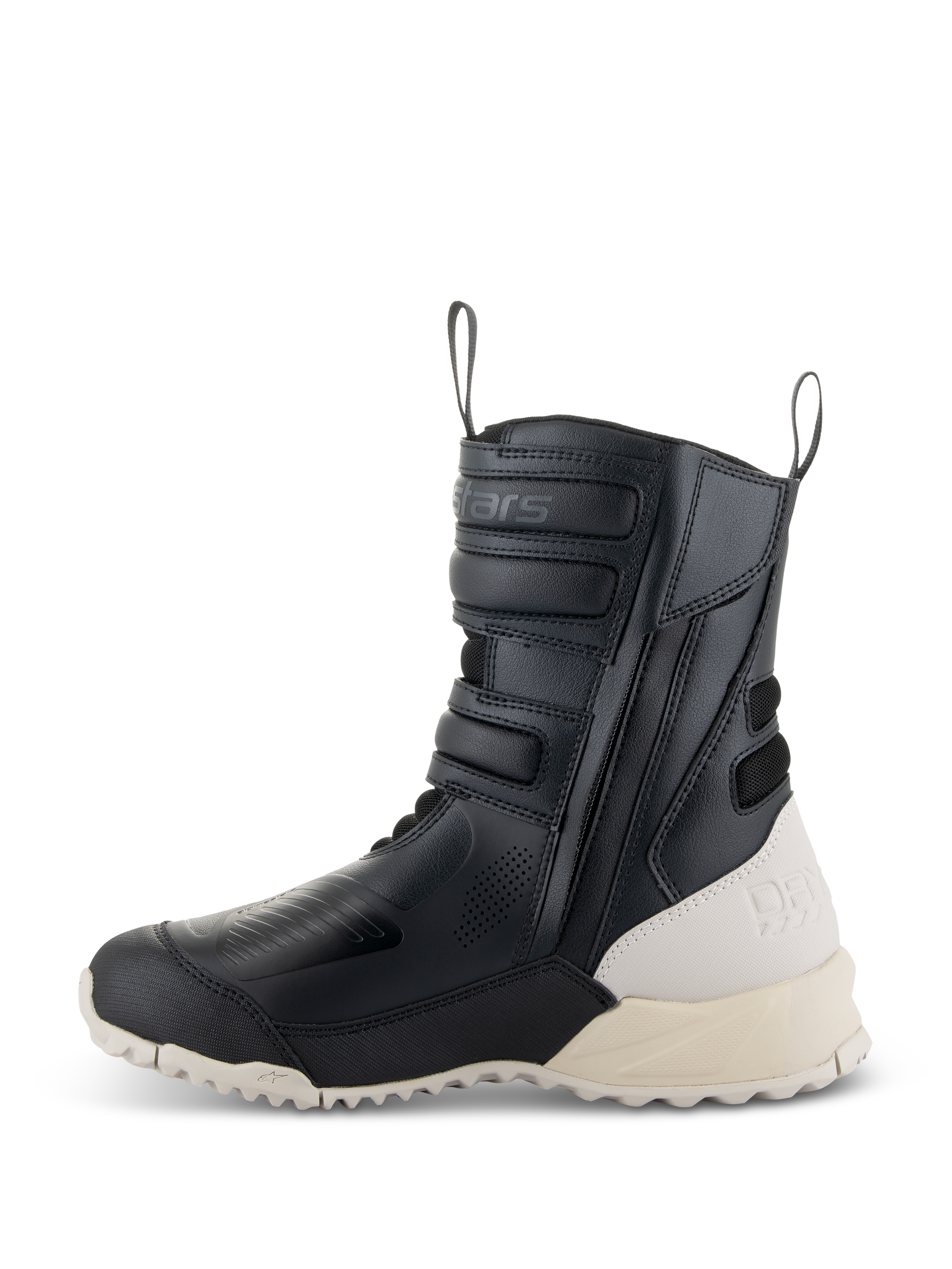 Botas Alpinestars Stella RT-7 Touring Drystar® Femininas, Pretas e Brancas, perfil lateral de uma bota de motociclismo de turismo de cano alto com construção em microfibra, fecho lateral com tiras ajustáveis, calcanhar e sola em off-white contrastantes
