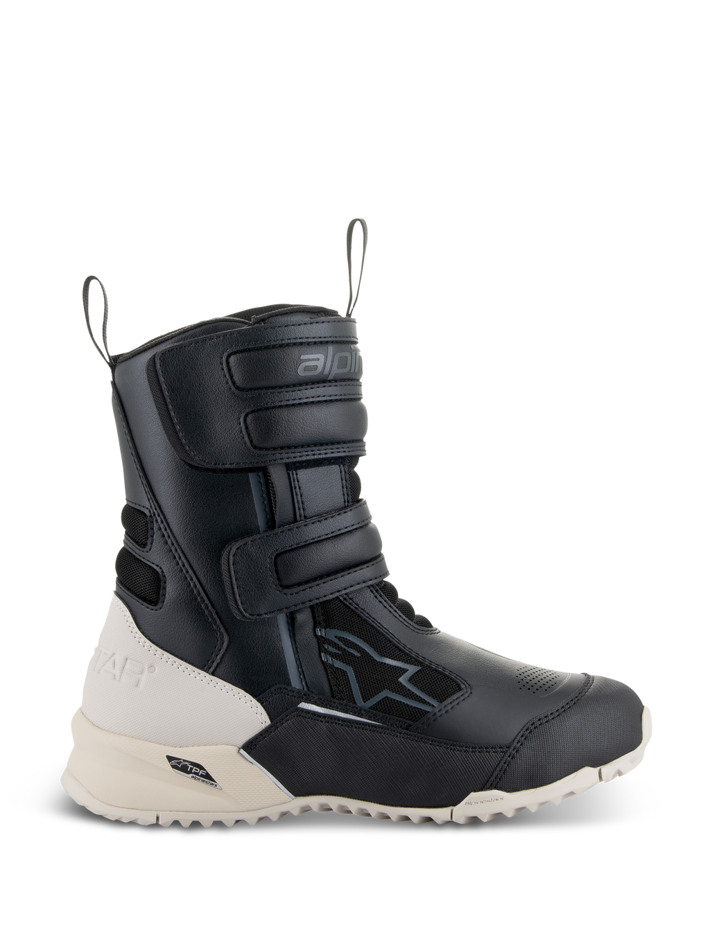 Alpinestars Stella RT-7 Touring Drystar, botas de motociclismo de turismo femininas, pretas e brancas, com três tiras de Velcro ajustáveis, puxadores dianteiros e traseiros, e sola de garras robusta com estrutura de suporte TPF