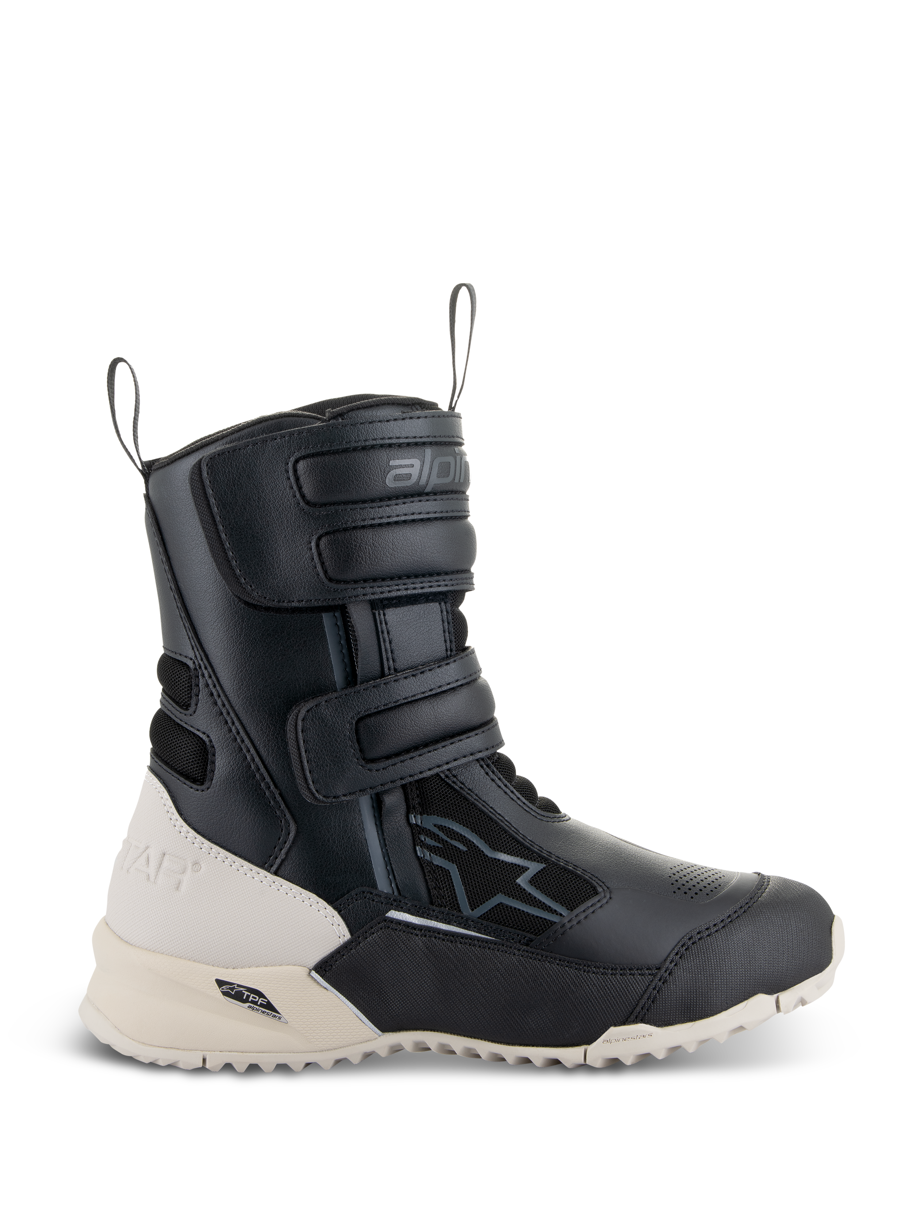 Alpinestars Stella RT-7 Touring Drystar, botas de motociclismo de turismo femininas, pretas e brancas, com três tiras de Velcro ajustáveis, puxadores dianteiros e traseiros, e sola de garras robusta com estrutura de suporte TPF