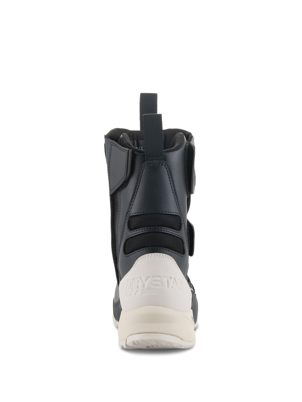 Botas Stella RT-7 Touring Drystar® Femininas da Alpinestars, vista traseira, pretas e brancas, com contraforte de calcanhar branco reforçado com a marca Drystar, puxador traseiro e painéis têxteis em acordeão para flexibilidade.