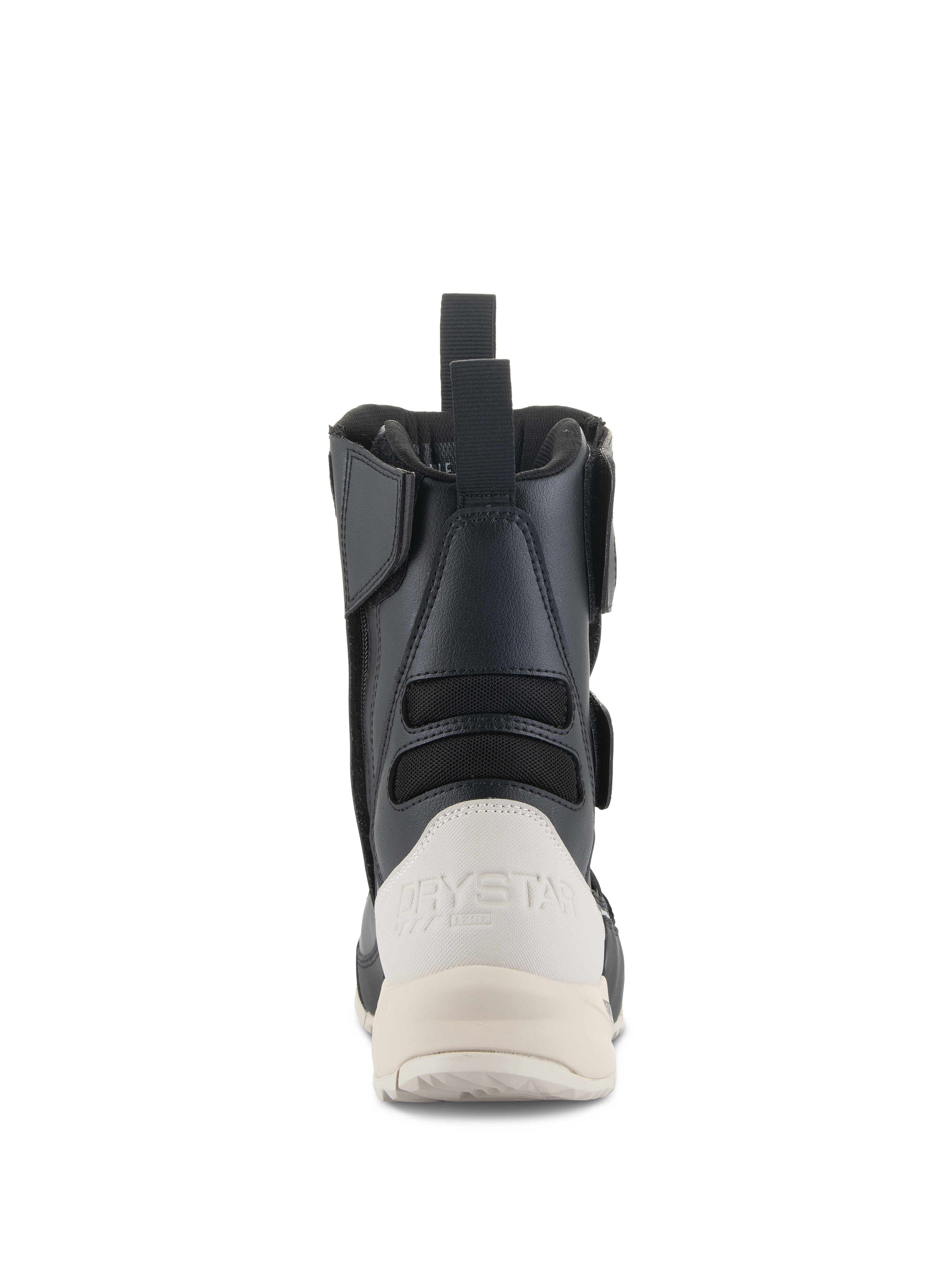 Botas Stella RT-7 Touring Drystar® Femininas da Alpinestars, vista traseira, pretas e brancas, com contraforte de calcanhar branco reforçado com a marca Drystar, puxador traseiro e painéis têxteis em acordeão para flexibilidade.