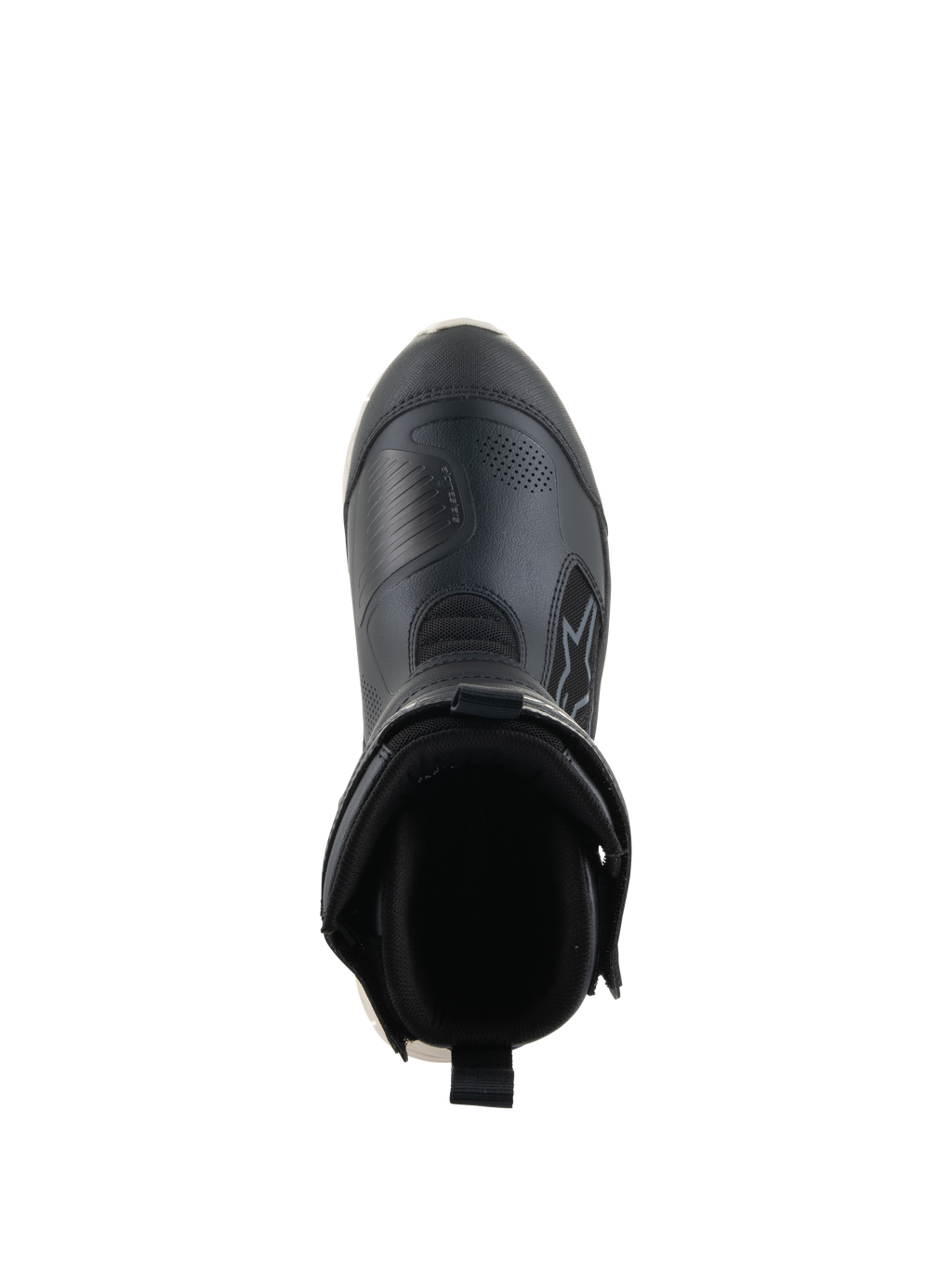 Botas Alpinestars Stella RT-7 Touring Drystar®, botas de motociclismo de turismo para mulher, pretas e brancas, vista superior do interior da bota, com gola acolchoada, puxador traseiro e parte superior em microfibra durável com o logótipo Alpinestars.