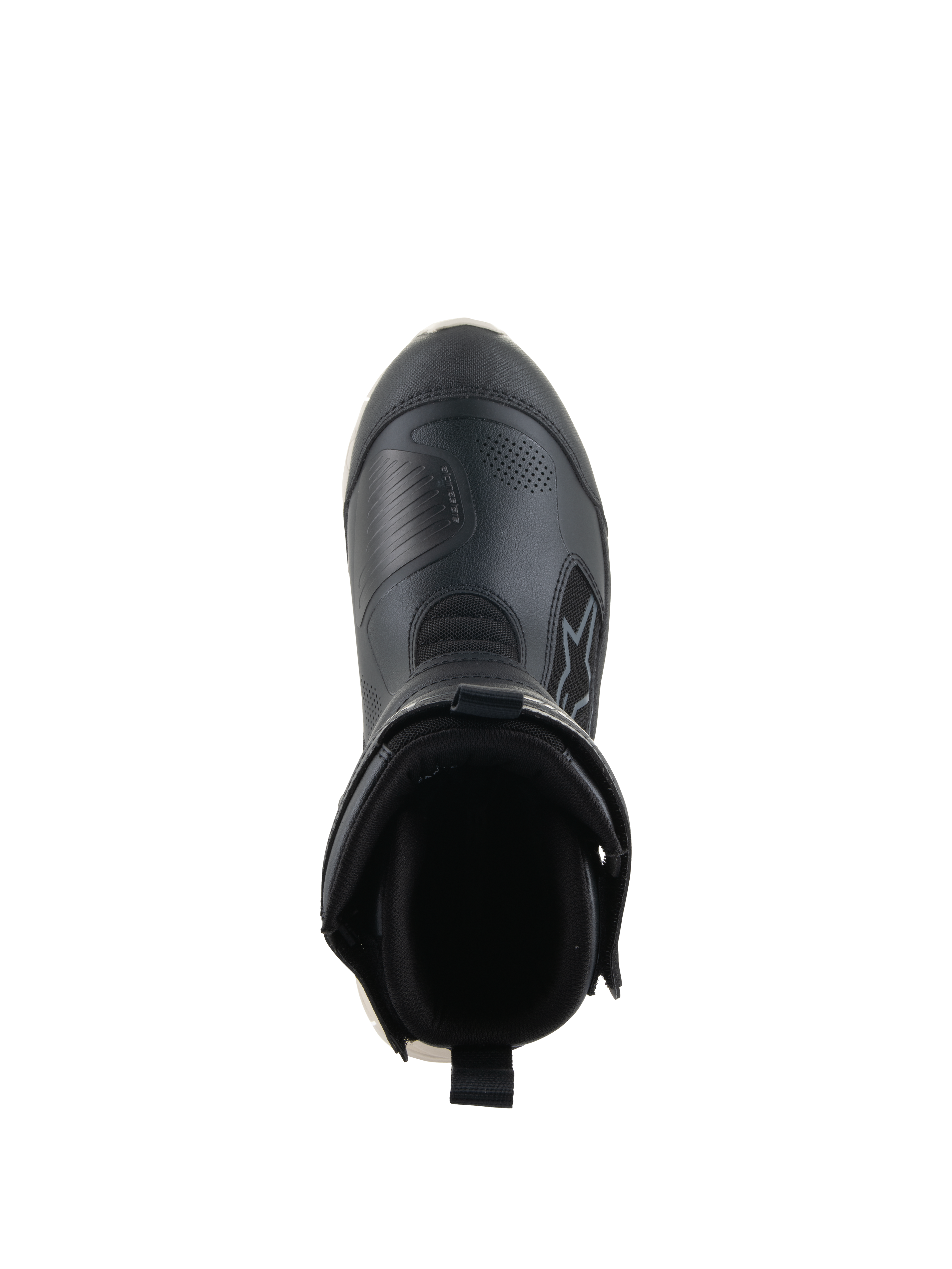 Botas Alpinestars Stella RT-7 Touring Drystar®, botas de motociclismo de turismo para mulher, pretas e brancas, vista superior do interior da bota, com gola acolchoada, puxador traseiro e parte superior em microfibra durável com o logótipo Alpinestars.