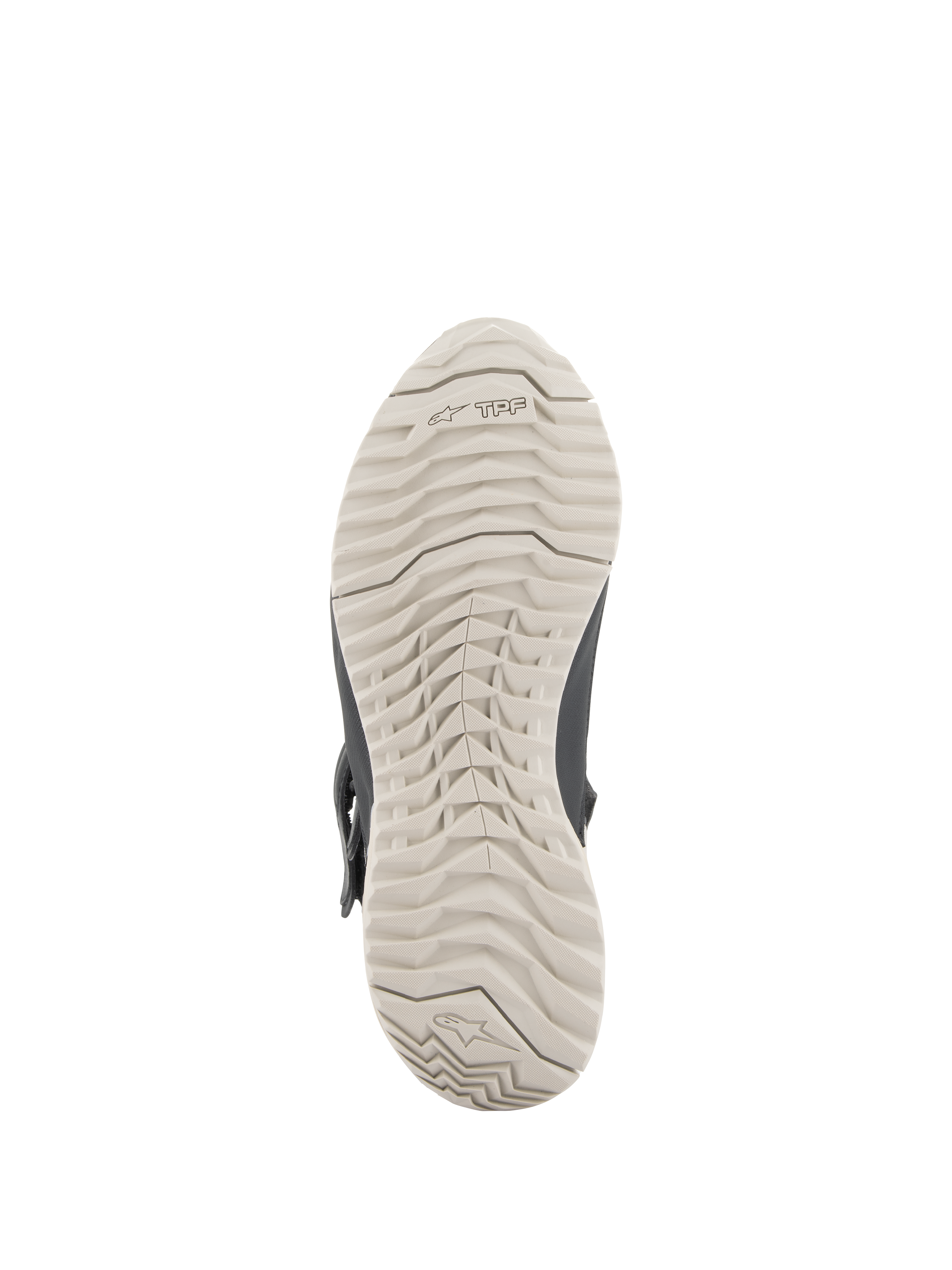 Botas Femininas Alpinestars Stella RT-7 Touring Drystar®, vista da sola, sola de borracha cinzento claro com padrão de garras durável e logótipo TPF, concebida para tração e suporte de estrutura de proteção transversal