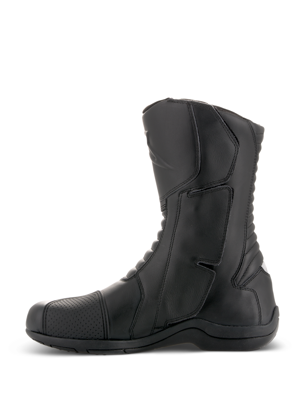 Alpinestars Andes V2 Drystar® Boots, Black Motorcycle Touring Boots, side profile view, waterproof leather construction with reinforced shin guard and accordion flex panels, adventure riding footwear