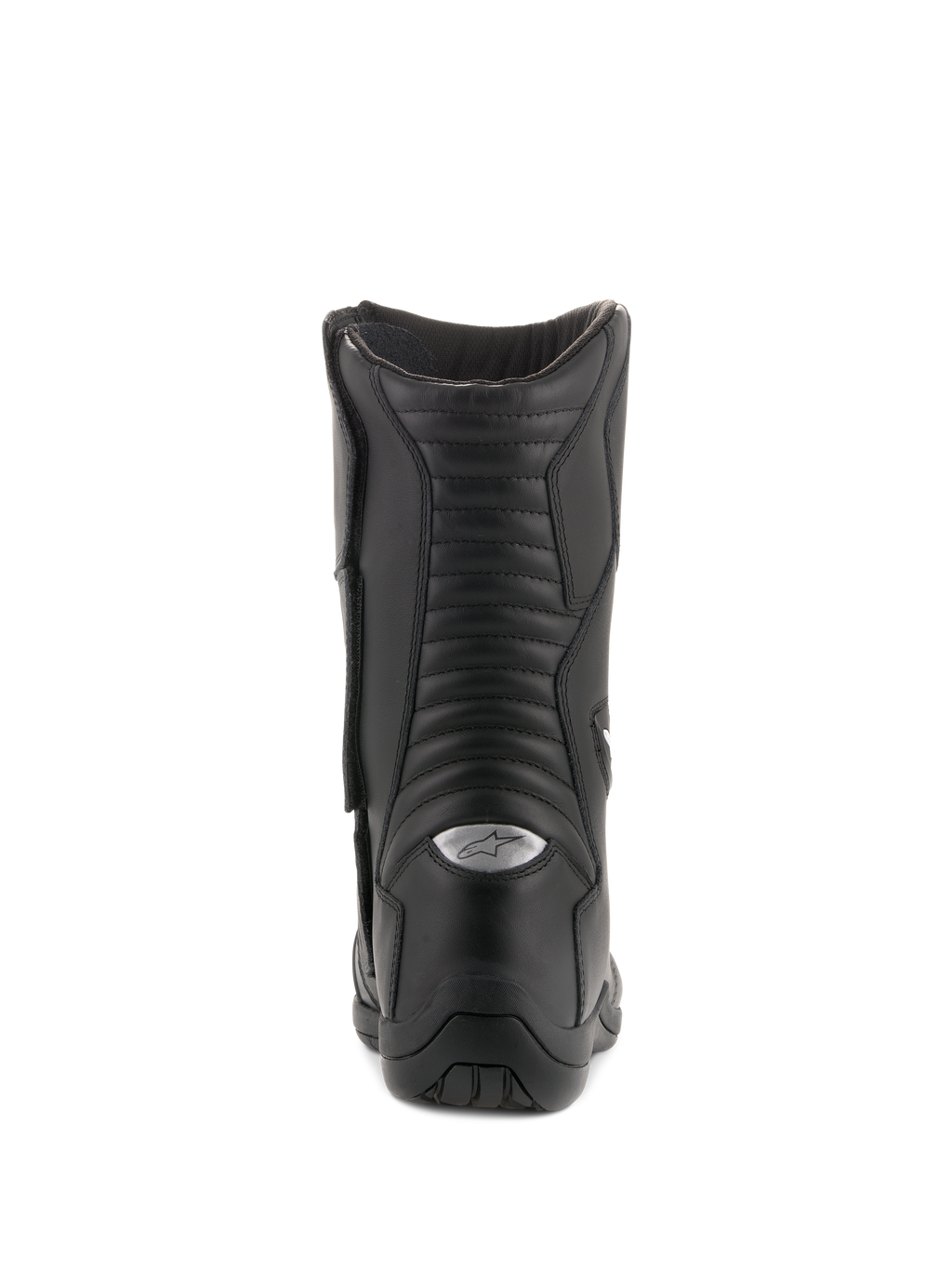 Alpinestars Andes V2 Drystar Boots, Waterproof Touring Boots, Black, Rear view highlighting accordion leather flex panels and silver reflective A-star logo on the heel, durable motorcycle footwear for adventure riding