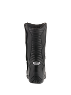 Alpinestars Andes V2 Drystar Boots, Waterproof Touring Boots, Black, Rear view highlighting accordion leather flex panels and silver reflective A-star logo on the heel, durable motorcycle footwear for adventure riding