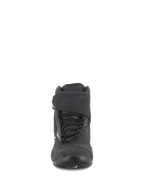 Alpinestars Fastback 2 Drystar® Waterproof Shoes, Black and White, front view featuring lace system with adjustable hook-and-loop strap, embossed logo, durable leather and microfiber construction for road riding