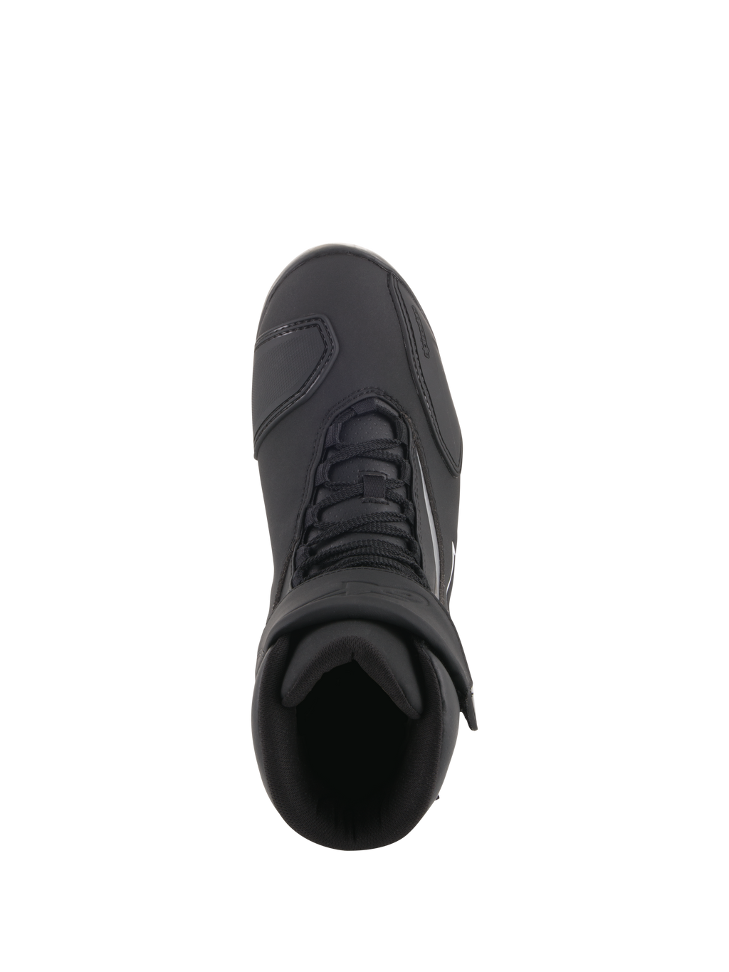 Alpinestars Fastback 2 Drystar® Waterproof Shoes, Motorcycle Riding Shoes, Black and White, top-down view showing lace closure and adjustable hook-and-loop strap, waterproof road riding footwear