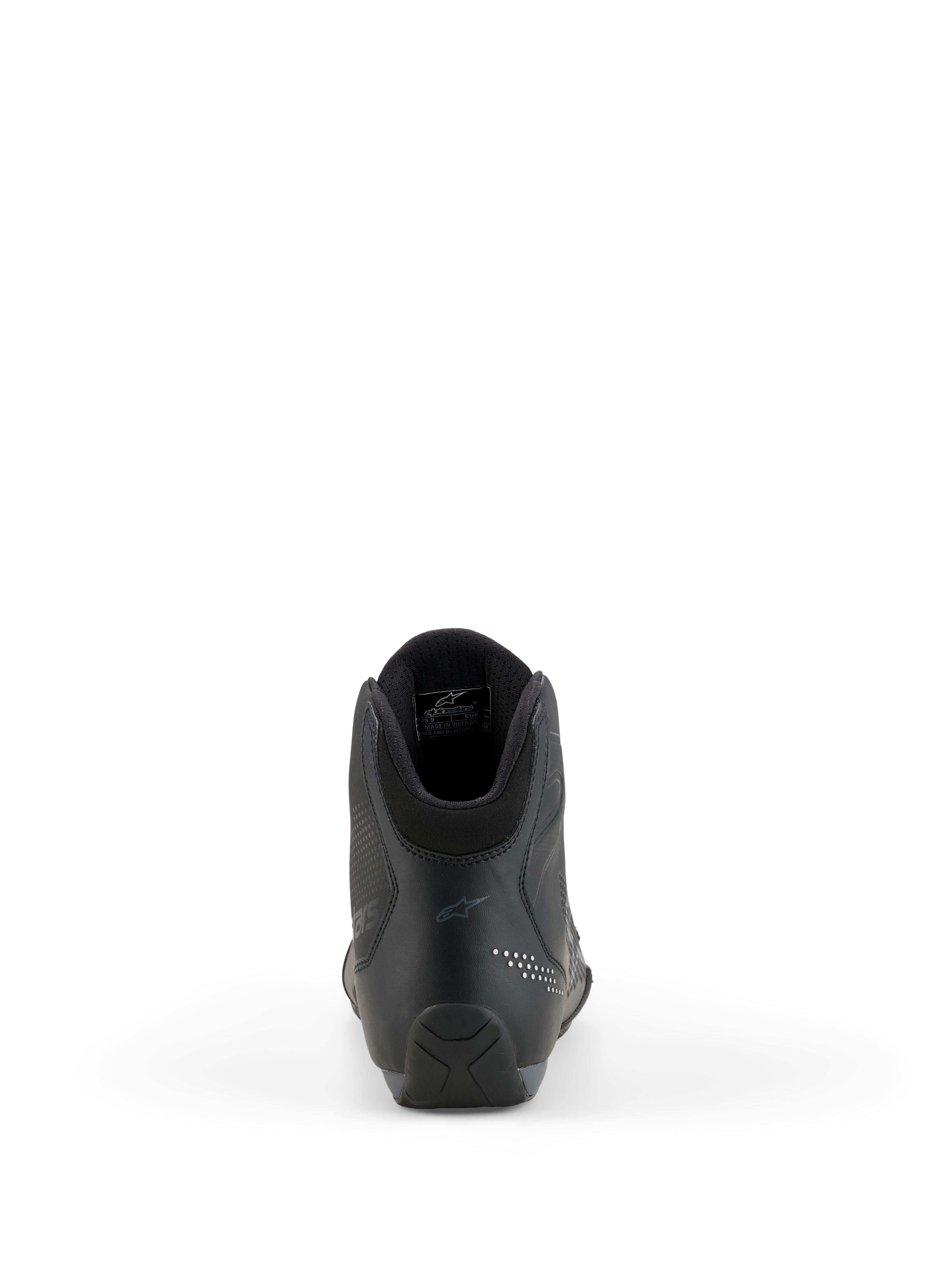 Alpinestars Celer Shoes, motorcycle riding shoes, Black and Dark Gray, rear view highlighting the reinforced heel, ankle collar, and subtle branding, technical microfiber construction for sport and racing riders