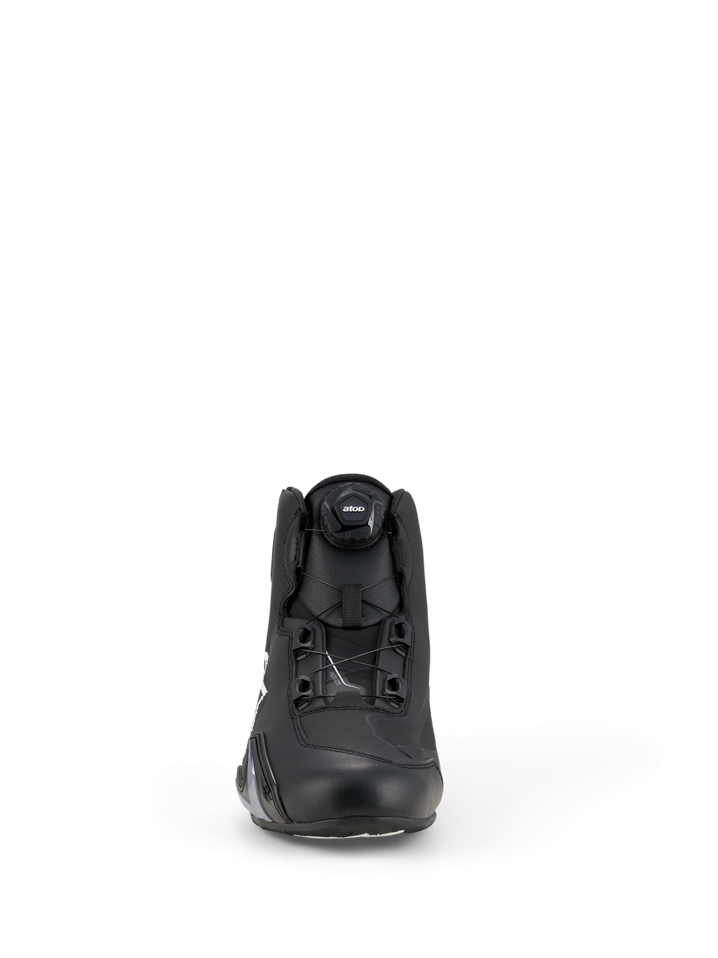 Sapatos Alpinestars Celer, sapatos de motociclismo, pretos e brancos, vista frontal mostrando o inovador mostrador do Sistema de Fecho Rotor, construção em microfibra técnica, design desportivo elegante de alta performance