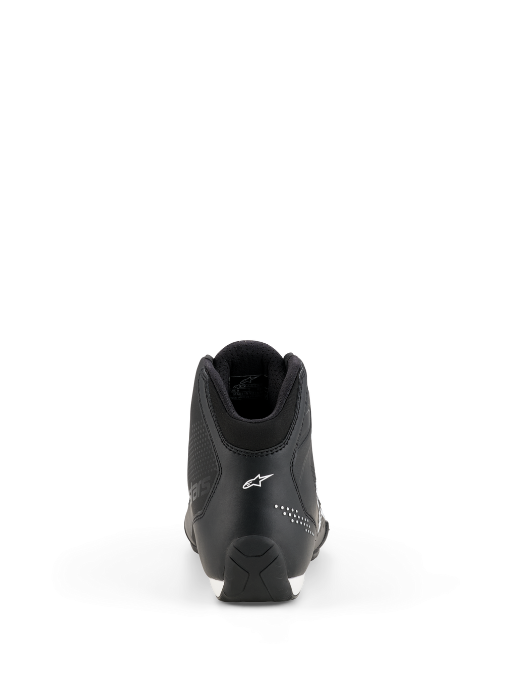Sapatos Alpinestars Celer, sapatos de motociclismo, pretos e brancos, vista traseira que mostra a construção do calcanhar, logótipo de estrela branco da Alpinestars, detalhes microperfurados e sola de borracha texturizada para condução desportiva de performance.