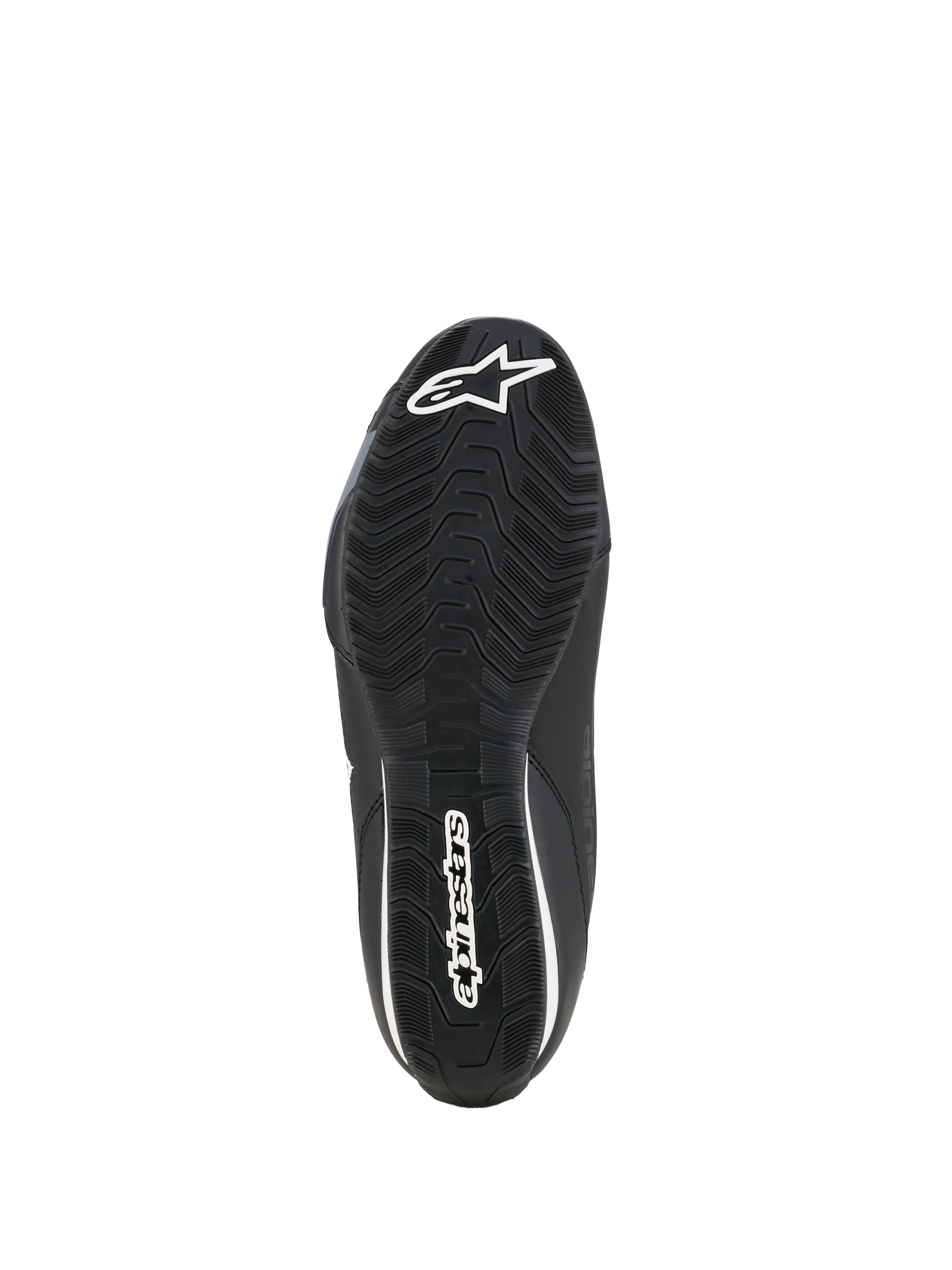 Sapatos Alpinestars Celer, sapatos de motociclismo, pretos e brancos, vista inferior da sola de borracha resistente ao óleo com um padrão de aderência texturizado e logótipo Alpinestars em branco.