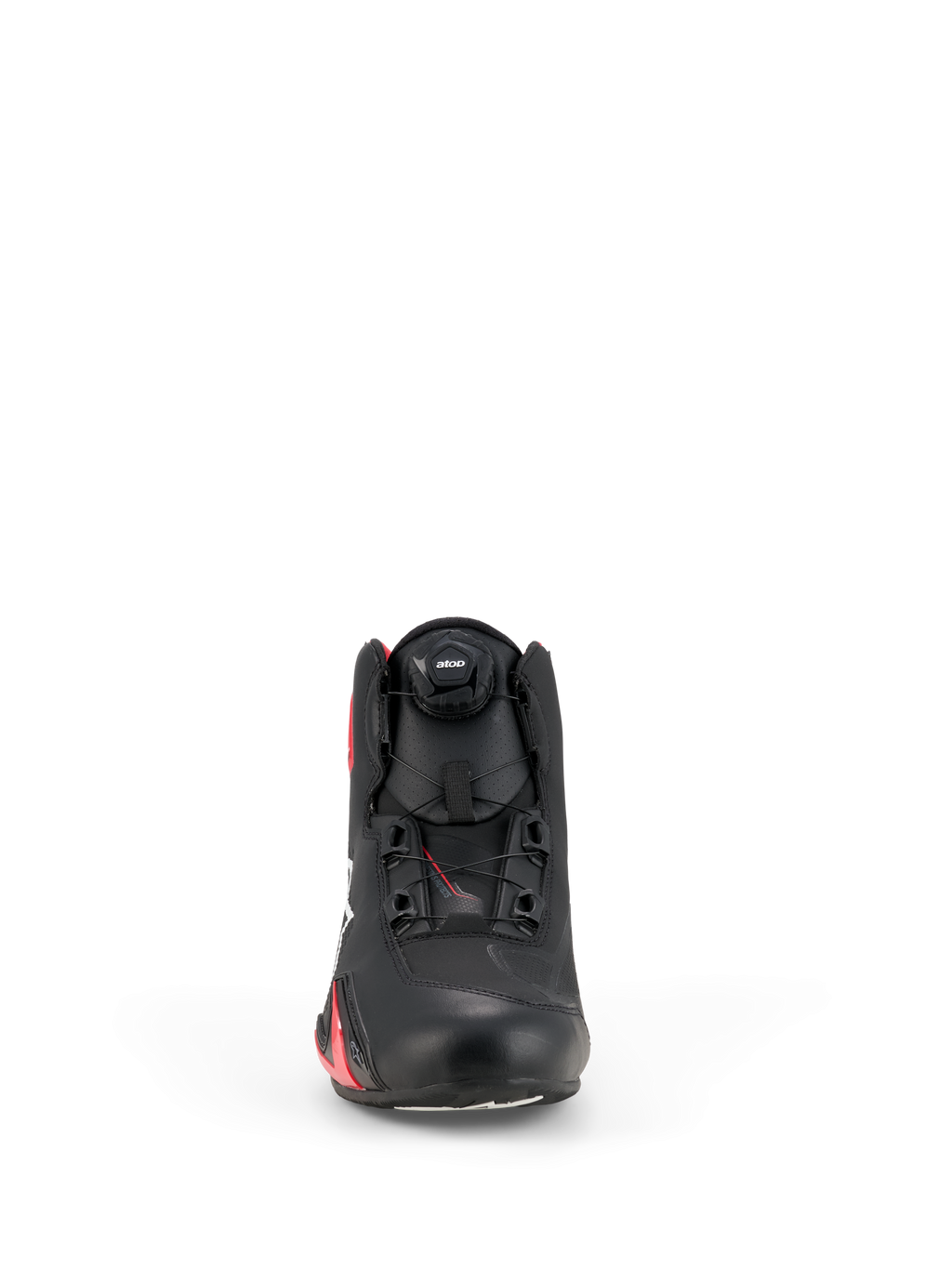 Alpinestars Celer Shoes, sapatos de condução de motociclos, preto e vermelho brilhante, vista frontal com o mostrador do sistema de fecho Rotor, parte superior em microfibra técnica e design aerodinâmico inspirado na competição
