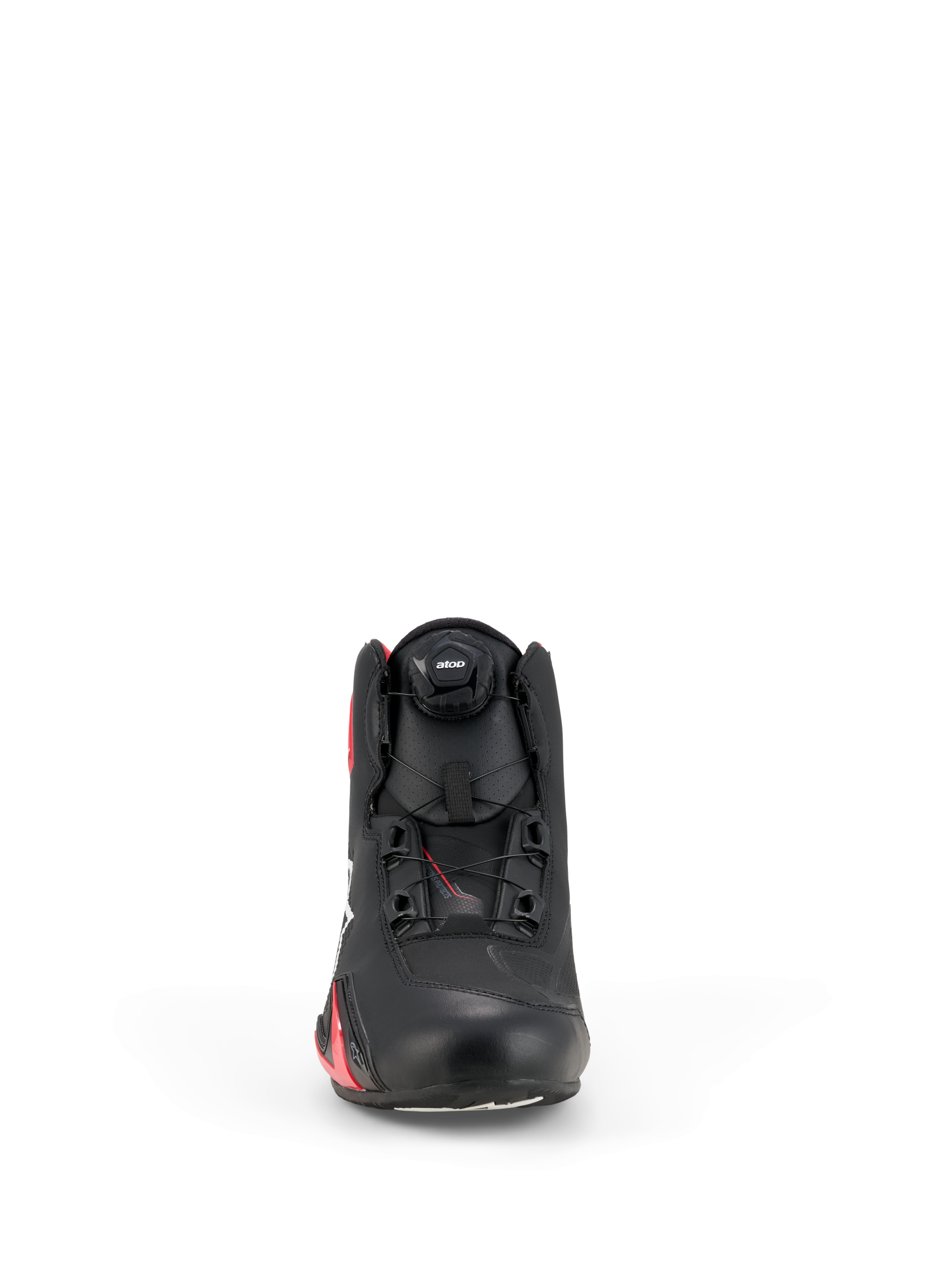Alpinestars Celer Shoes, sapatos de condução de motociclos, preto e vermelho brilhante, vista frontal com o mostrador do sistema de fecho Rotor, parte superior em microfibra técnica e design aerodinâmico inspirado na competição