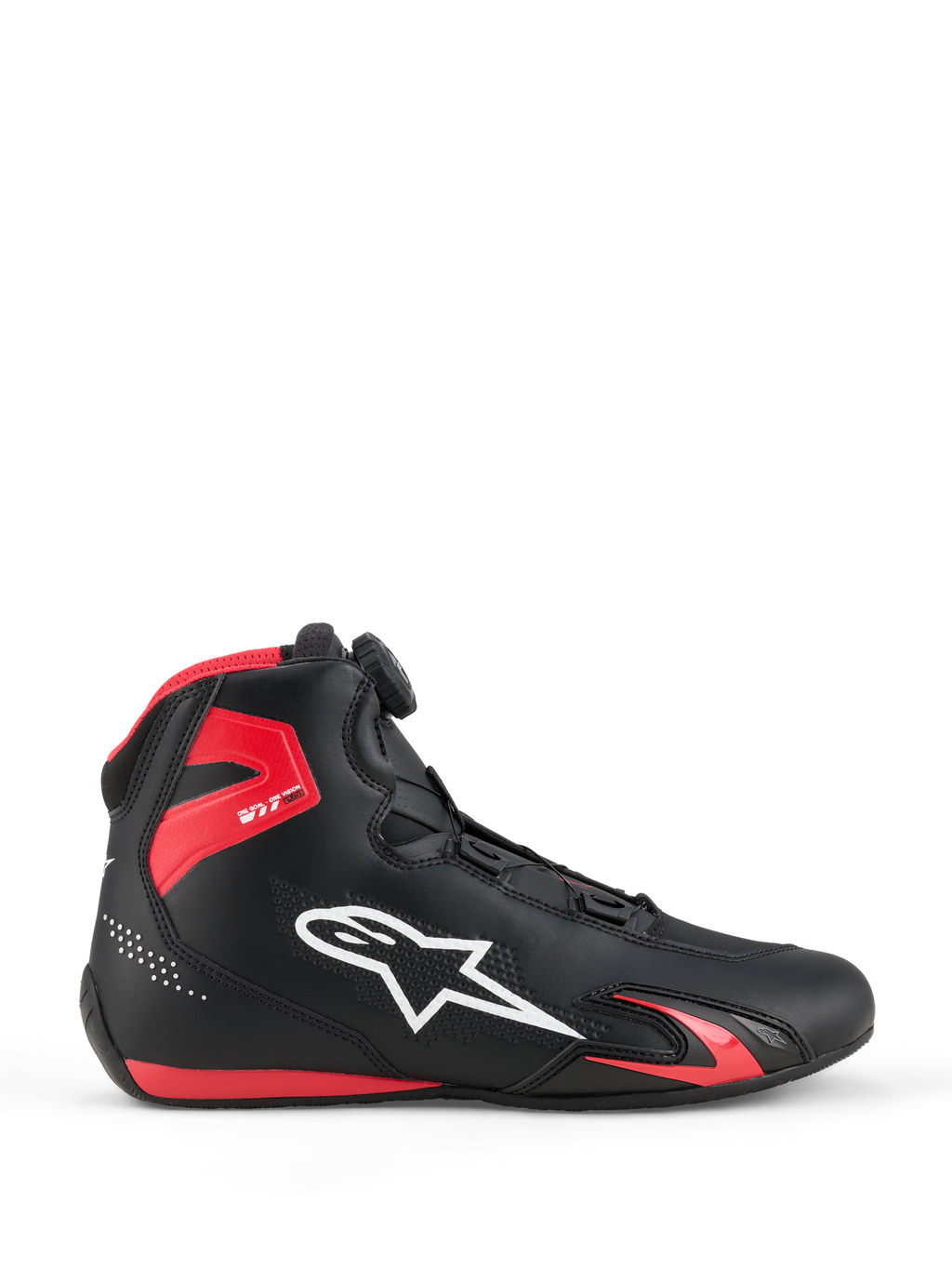 Sapatos Alpinestars Celer, sapatos de motociclismo, preto e vermelho vivo, vista de perfil com logótipo Alpinestars branco, mostrador do sistema de fecho Rotor, proteção de tornozelo em TPU vermelho e construção aerodinâmica em microfibra para desporto e corrida