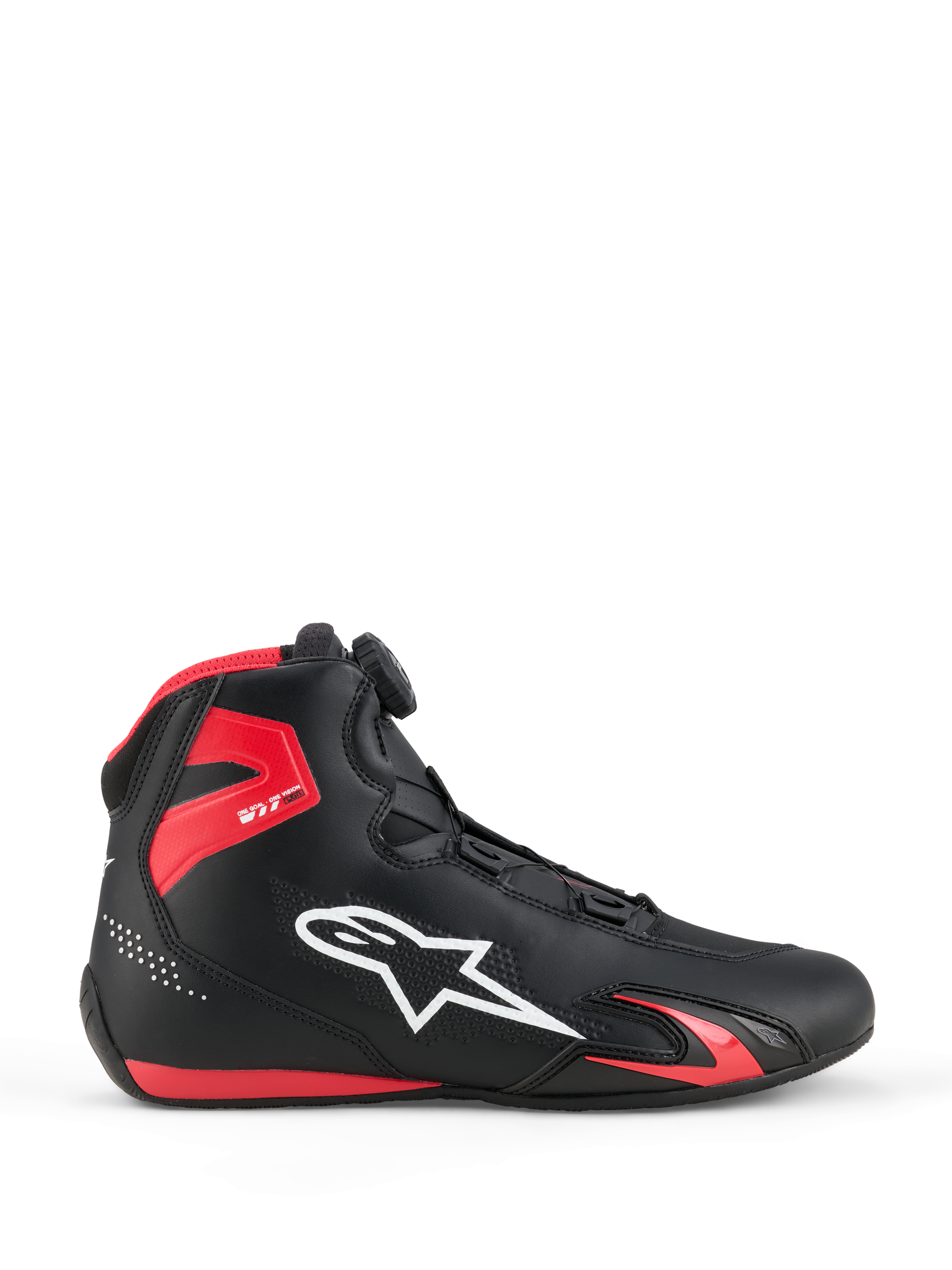 Alpinestars Celer Shoes, Motorcycle Riding Shoes, Black and Bright Red, profile view featuring white Alpinestars logo, Rotor closure system dial, red TPU ankle protection, and streamlined microfiber construction for sport and racing