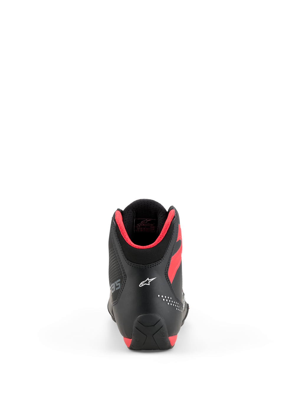 Sapatos Alpinestars Celer, sapatos para motociclista, pretos e vermelho brilhante, vista traseira mostrando o logótipo Astar branco no calcanhar e o acolchoamento do colar em vermelho brilhante, design desportivo elegante de alta performance