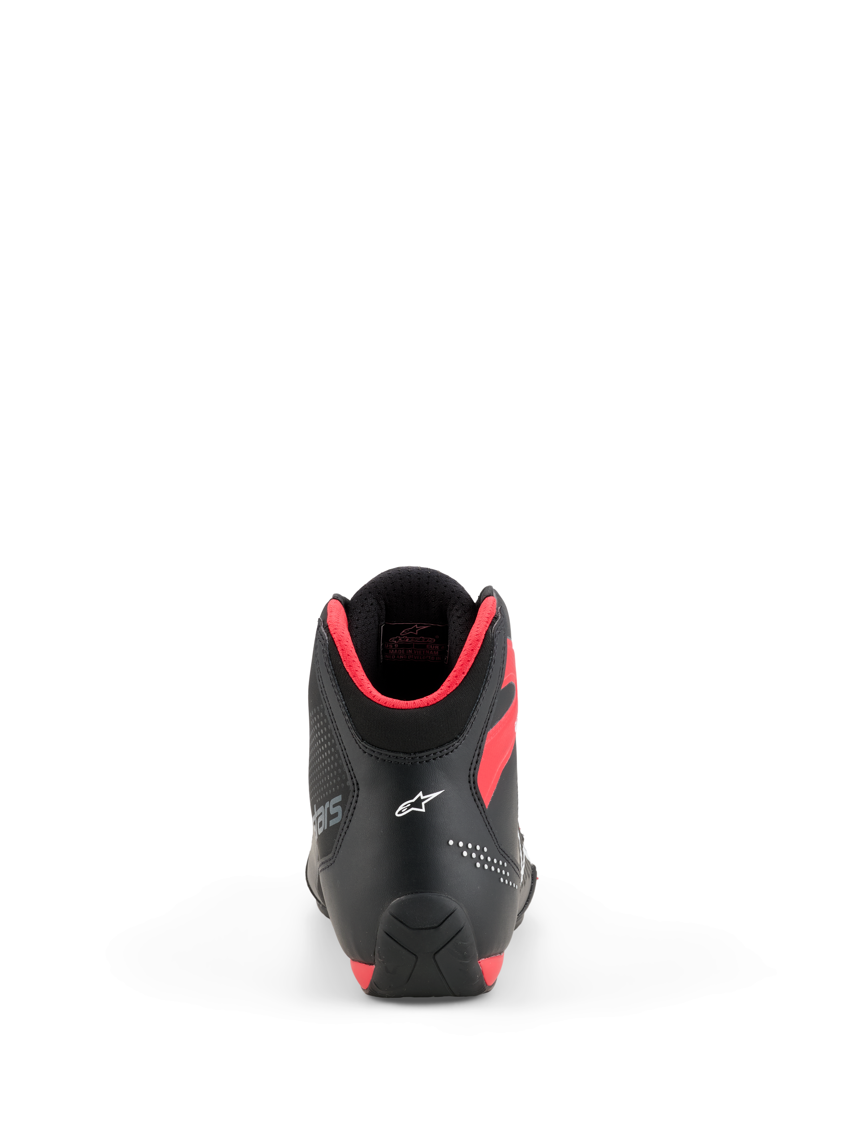 Sapatos Alpinestars Celer, sapatos para motociclista, pretos e vermelho brilhante, vista traseira mostrando o logótipo Astar branco no calcanhar e o acolchoamento do colar em vermelho brilhante, design desportivo elegante de alta performance