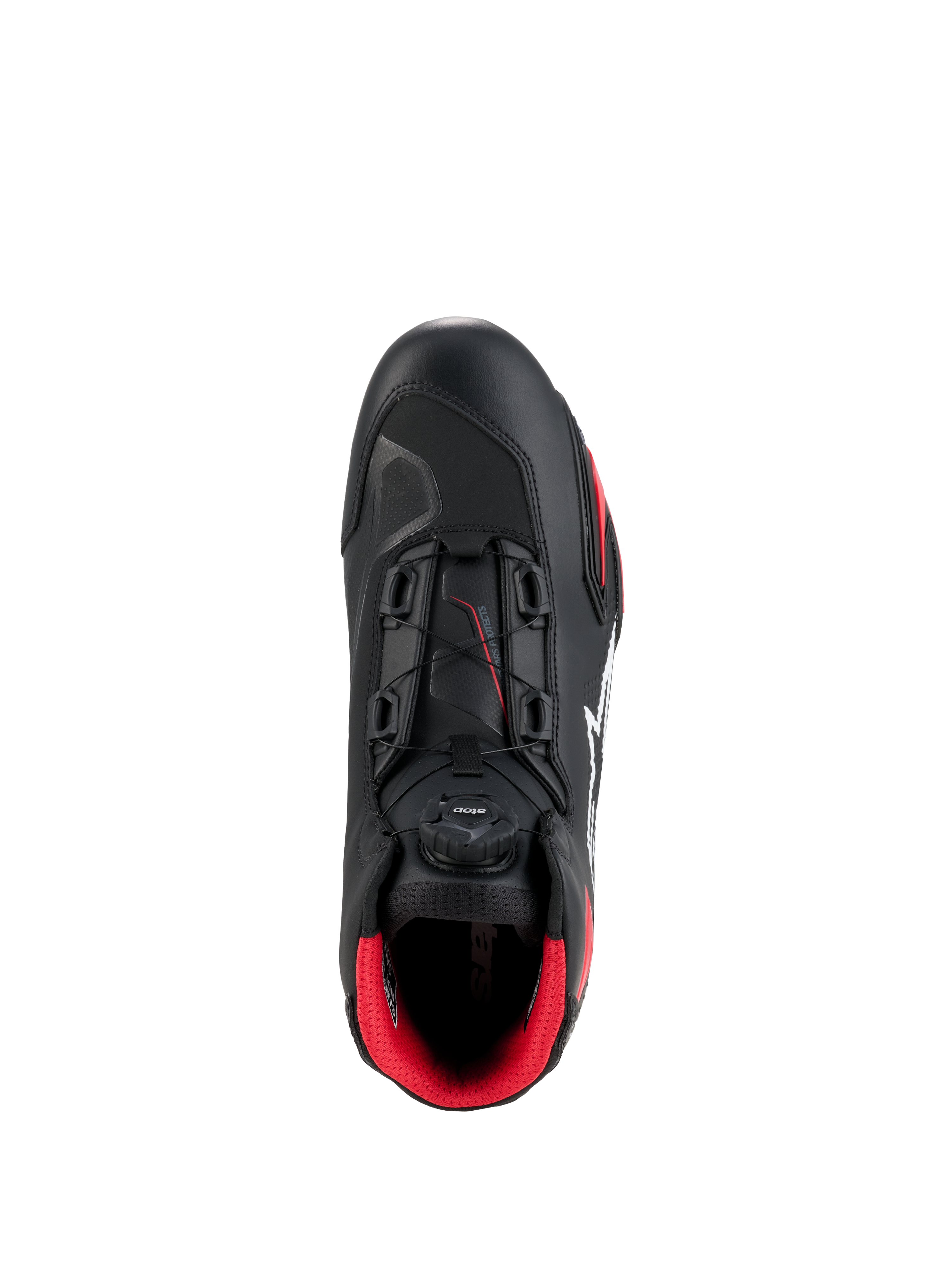 Sapatos Alpinestars Celer, Pretos e Vermelho Vivo, vista superior com destaque para o botão do sistema de fecho Rotor, construção em microfibra técnica e forro interior em vermelho vibrante, sapatos desportivos de condução de moto