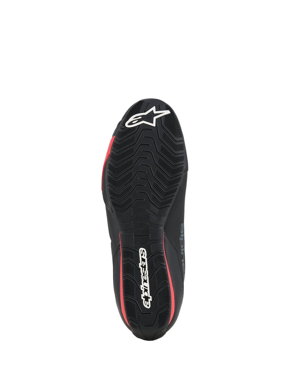 Sapatos Alpinestars Celer, sapatos de condução para motociclismo, pretos e vermelho vivo, vista inferior da sola de borracha texturizada com marca Alpinestars a branco e detalhes em vermelho