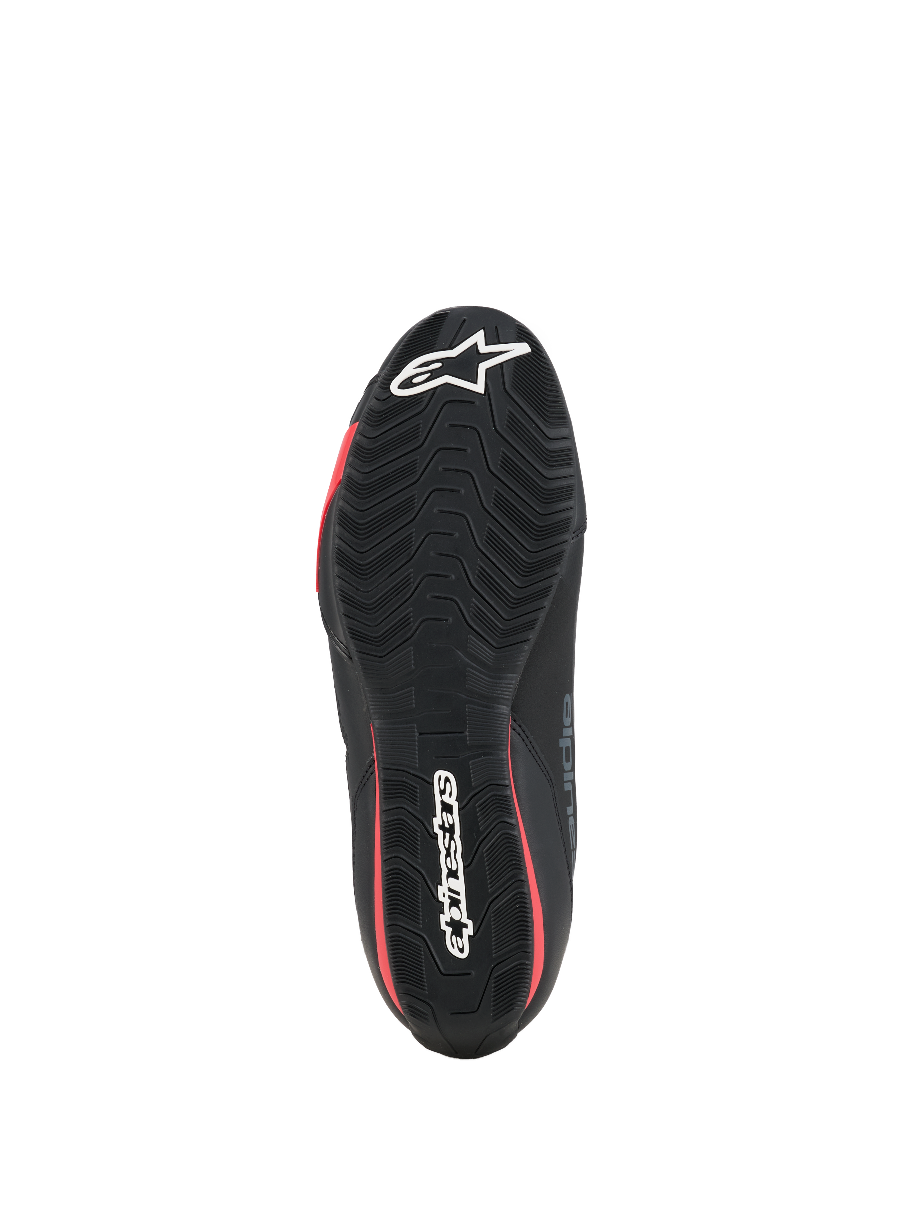 Sapatos Alpinestars Celer, sapatos de condução para motociclismo, pretos e vermelho vivo, vista inferior da sola de borracha texturizada com marca Alpinestars a branco e detalhes em vermelho