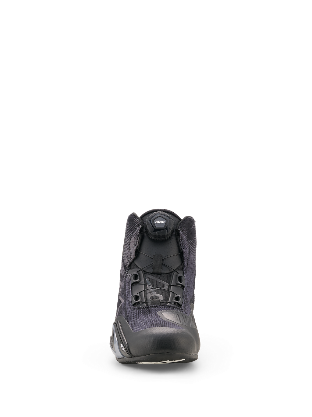 Sapatos Alpinestars Celer Superair, sapatos de motociclismo, pretos e cinzento escuro, vista frontal com construção têxtil de alto fluxo de ar e o disco do sistema de fecho Rotor integrado, design desportivo elegante para pilotos desportivos