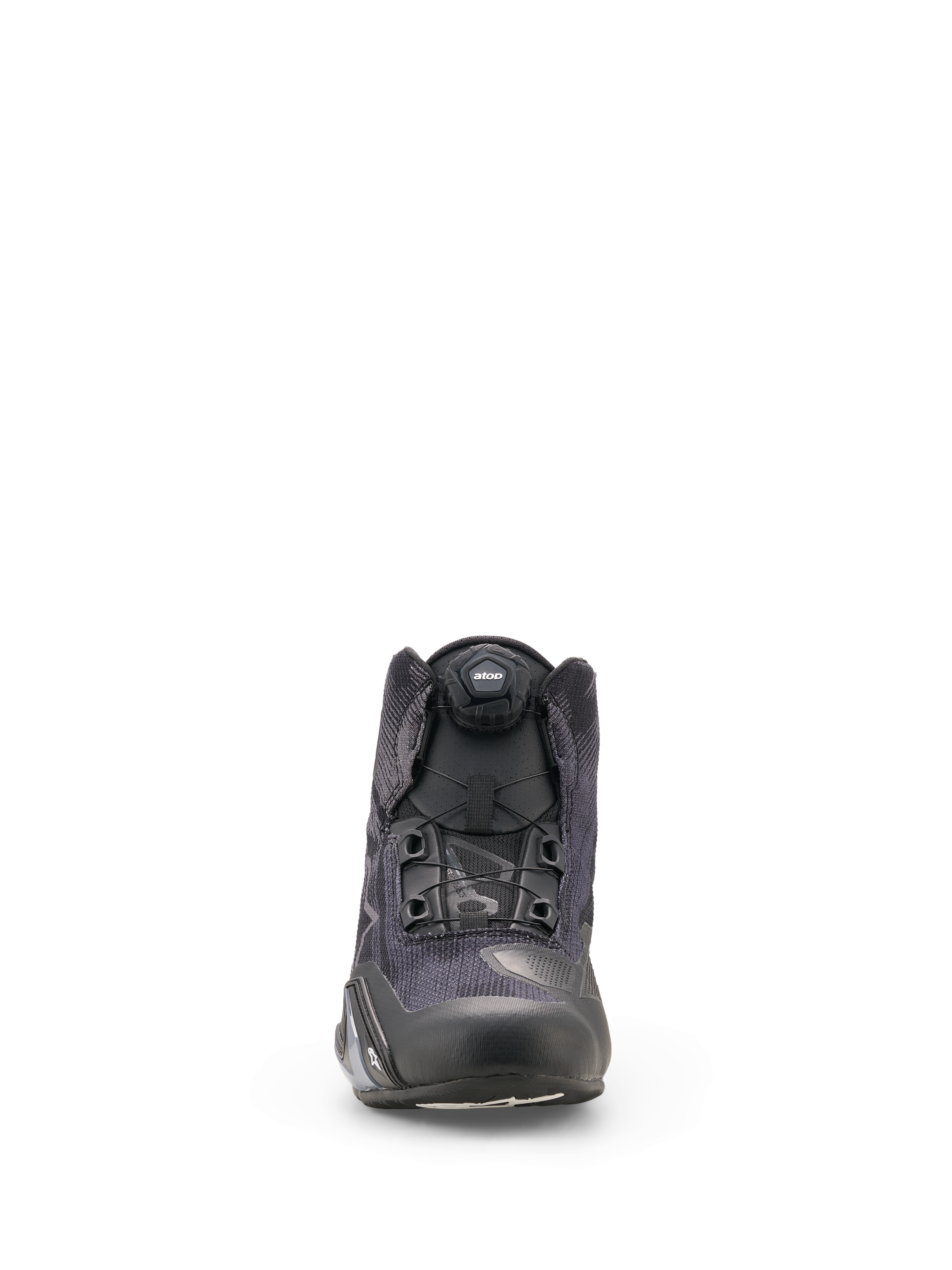 Sapatos Alpinestars Celer Superair, sapatos de motociclismo, pretos e cinzento escuro, vista frontal com construção têxtil de alto fluxo de ar e o disco do sistema de fecho Rotor integrado, design desportivo elegante para pilotos desportivos