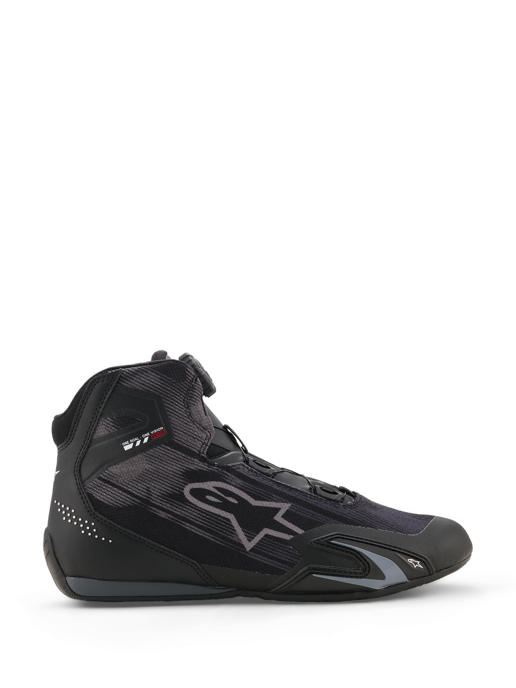 Sapatos Alpinestars Celer Superair, sapatos de motociclismo, pretos e cinzento escuro, perfil lateral com construção têxtil de alto fluxo de ar, com Sistema de Fecho Rotor e reforços protetores em TPU, design desportivo elegante de motorsport