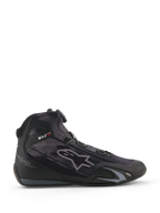Sapatos Alpinestars Celer Superair, sapatos de motociclismo, pretos e cinzento escuro, perfil lateral com construção têxtil de alto fluxo de ar, com Sistema de Fecho Rotor e reforços protetores em TPU, design desportivo elegante de motorsport