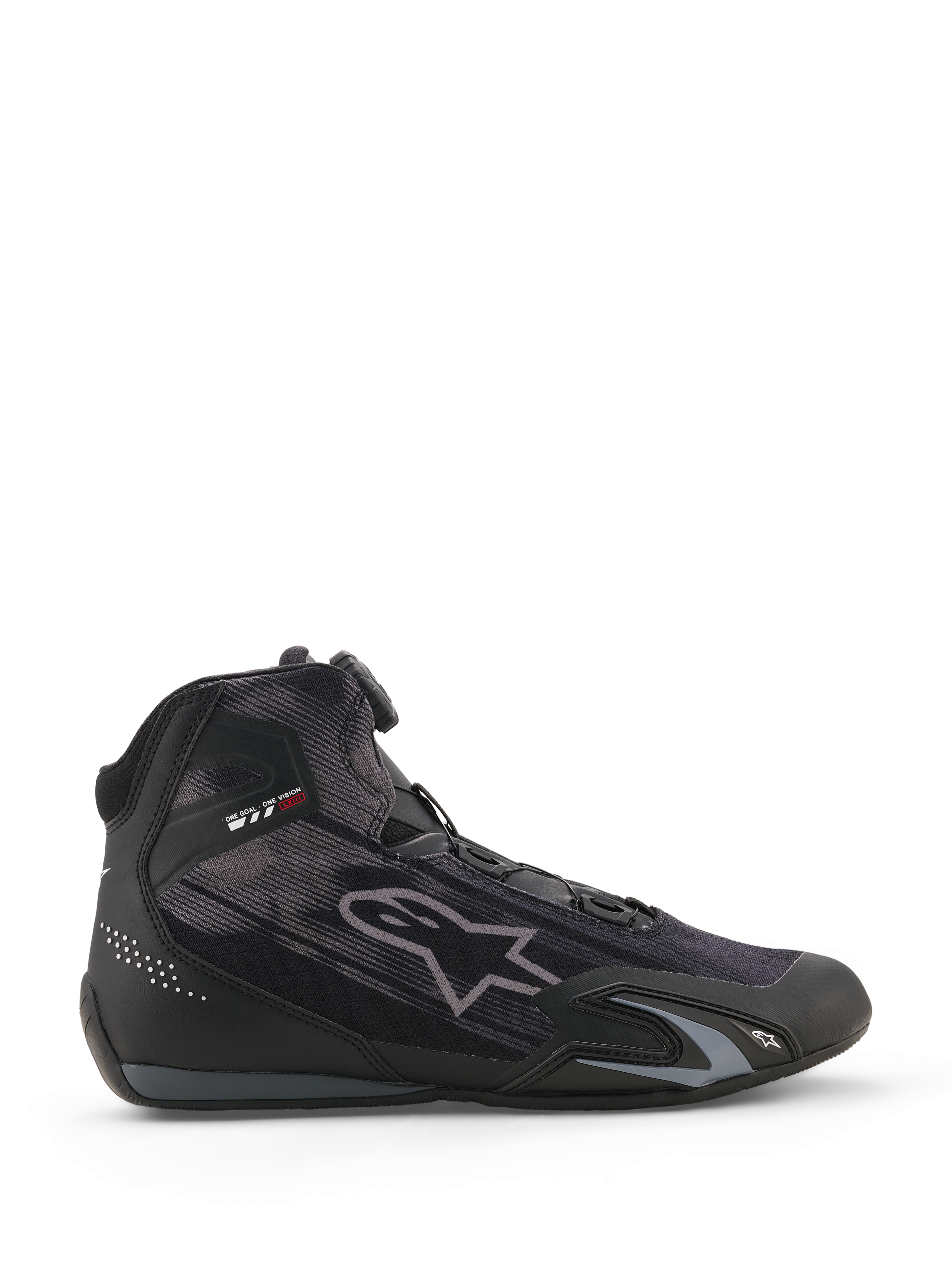 Sapatos Alpinestars Celer Superair, sapatos de motociclismo, pretos e cinzento escuro, perfil lateral com construção têxtil de alto fluxo de ar, com Sistema de Fecho Rotor e reforços protetores em TPU, design desportivo elegante de motorsport
