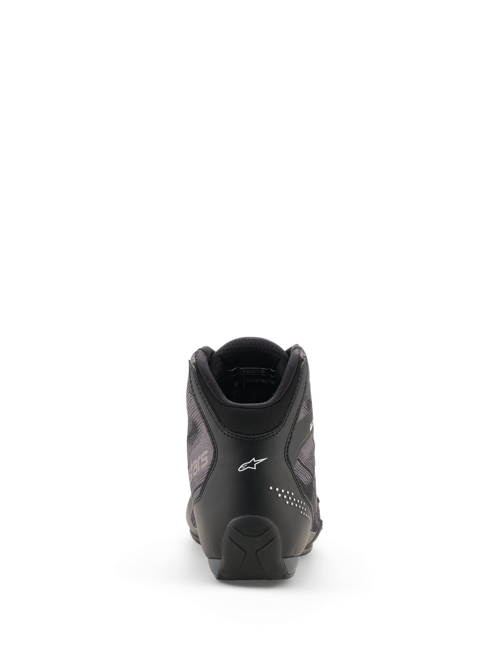 Sapatos Alpinestars Celer Superair, sapatos de moto, pretos e cinzento escuro, vista traseira com o logótipo Alpinestars branco no calcanhar, construção em microfibra técnica e têxtil de fluxo de ar, design desportivo elegante