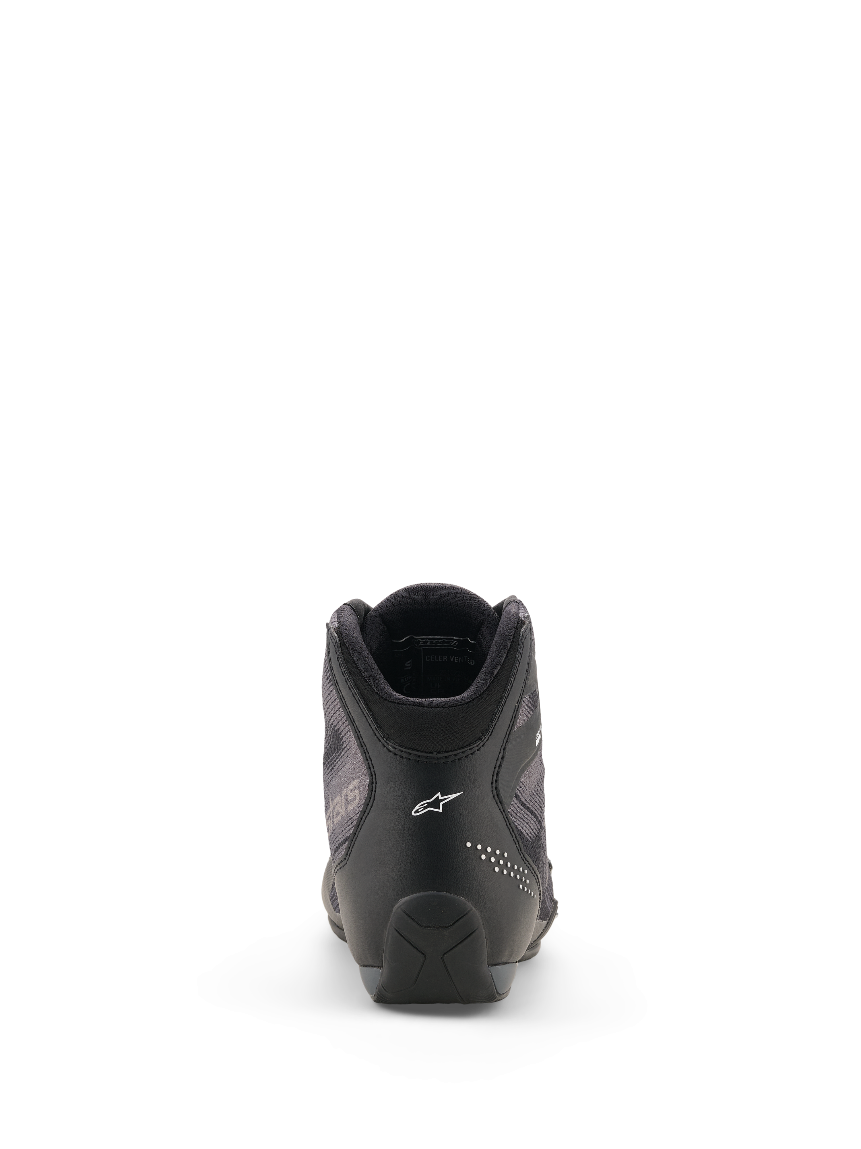 Sapatos Alpinestars Celer Superair, sapatos de moto, pretos e cinzento escuro, vista traseira com o logótipo Alpinestars branco no calcanhar, construção em microfibra técnica e têxtil de fluxo de ar, design desportivo elegante