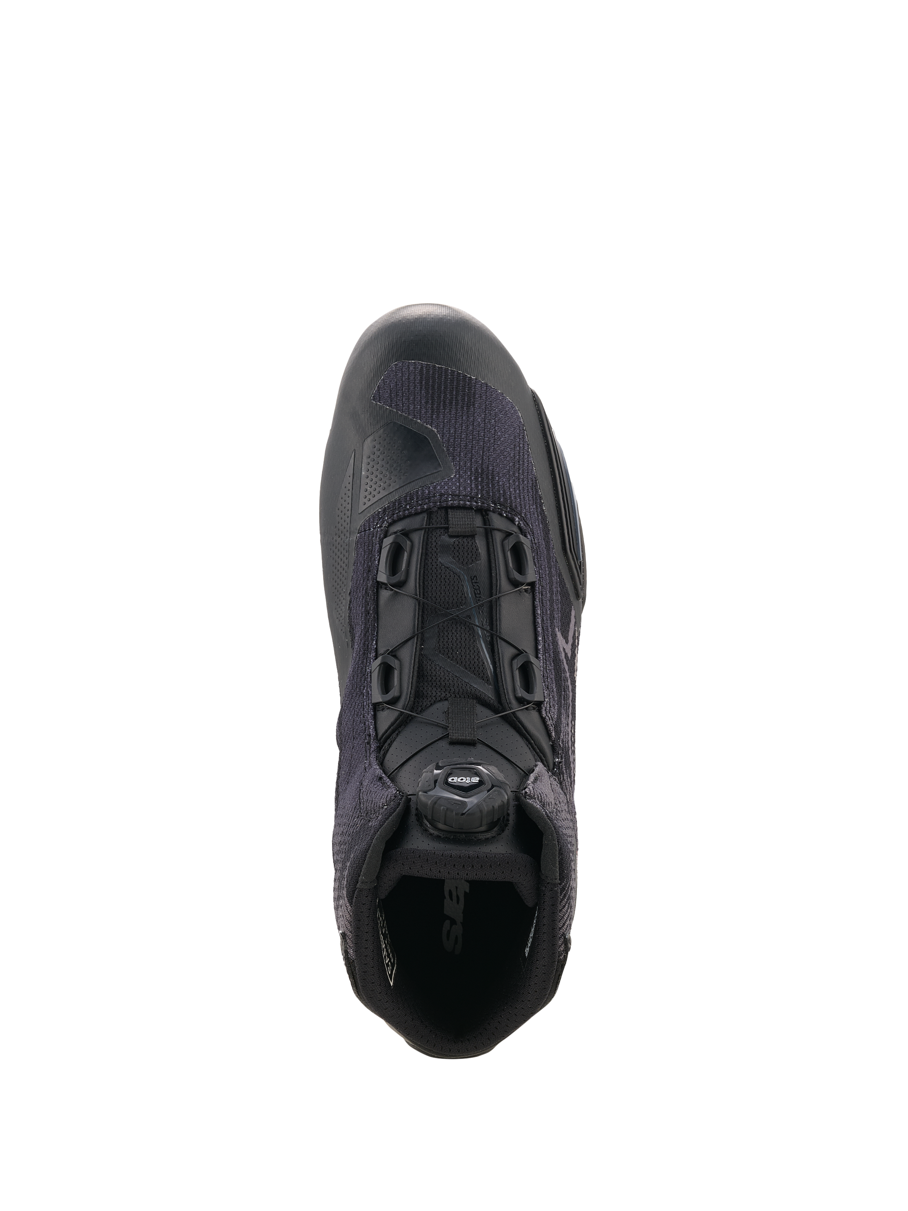 Sapatos Alpinestars Celer Superair, sapatos de motociclismo, preto e cinzento escuro, vista superior destacando o sistema de fecho Rotor, construção têxtil respirável de alto fluxo de ar e reforços sintéticos de proteção