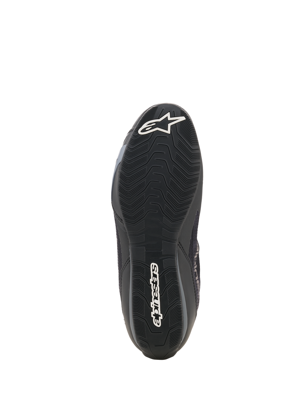 Sapatos Alpinestars Celer Superair, sapatos de motociclismo, preto e cinzento escuro, vista inferior da sola de borracha texturizada resistente ao óleo, com o logótipo de estrela da Alpinestars em branco na biqueira e a marca nominativa no calcanhar